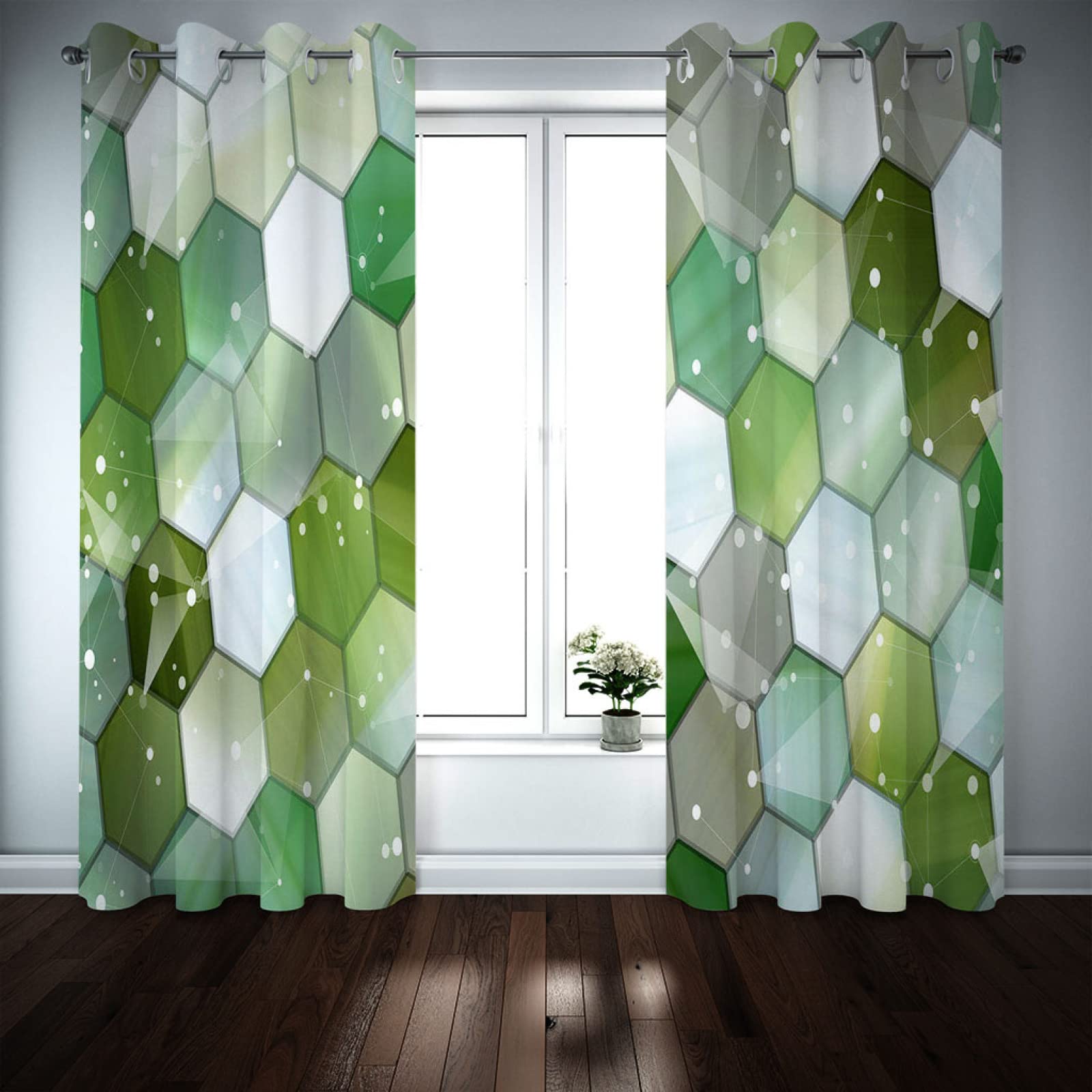 Cortinas Niño Niña Habitacion Opacas Con Ojales 2 Piezas 3D Estampado Geométrico Verde Patrón 280 X 260 Cm（An X Al）Cortinas Termicas Aislantes Frio Y Calor Salón Dormitorio Ventana Decoración Hogar