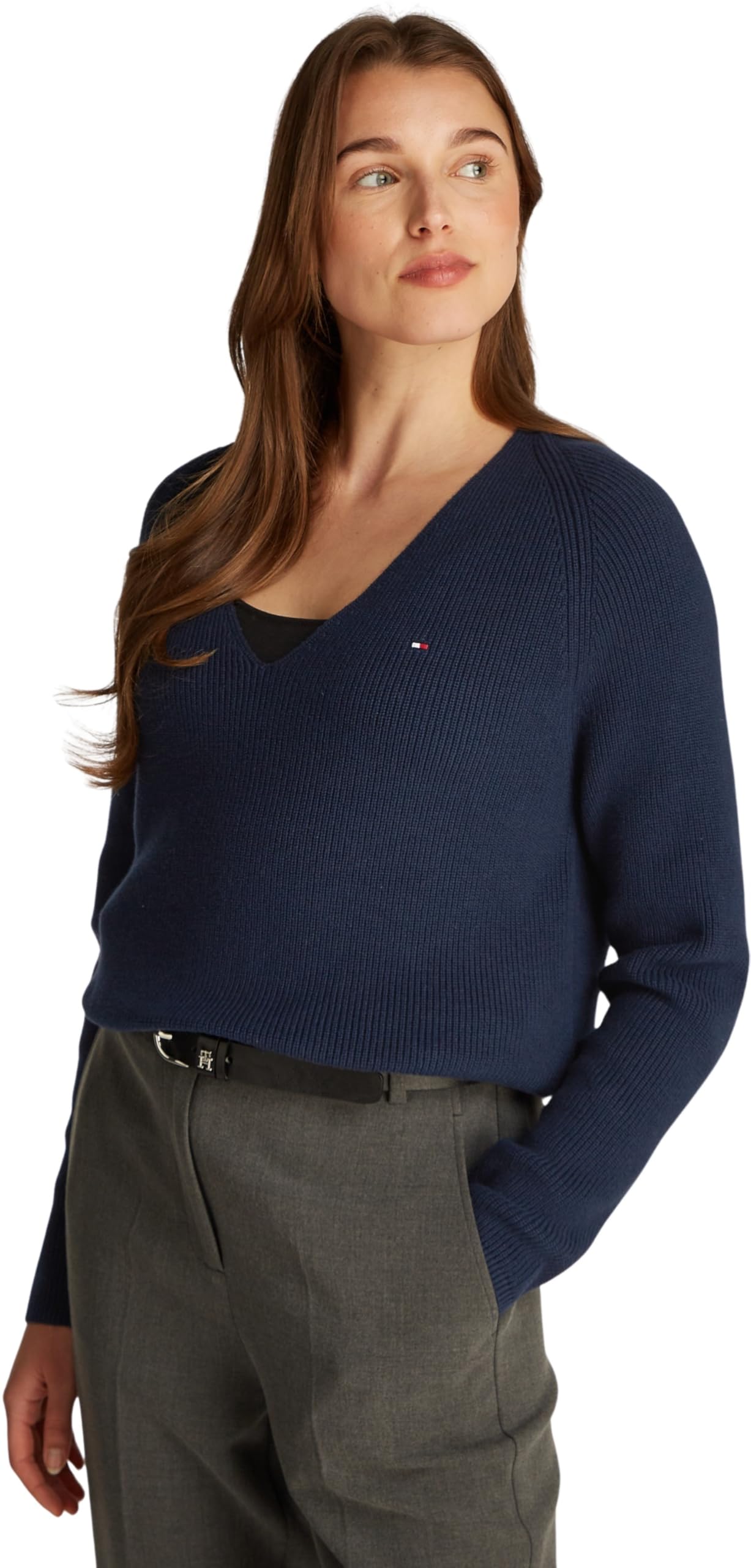 Tommy Hilfiger Women’s Fine Knit V-Neck Jumper, Blue (Dark Night Navy), XXS