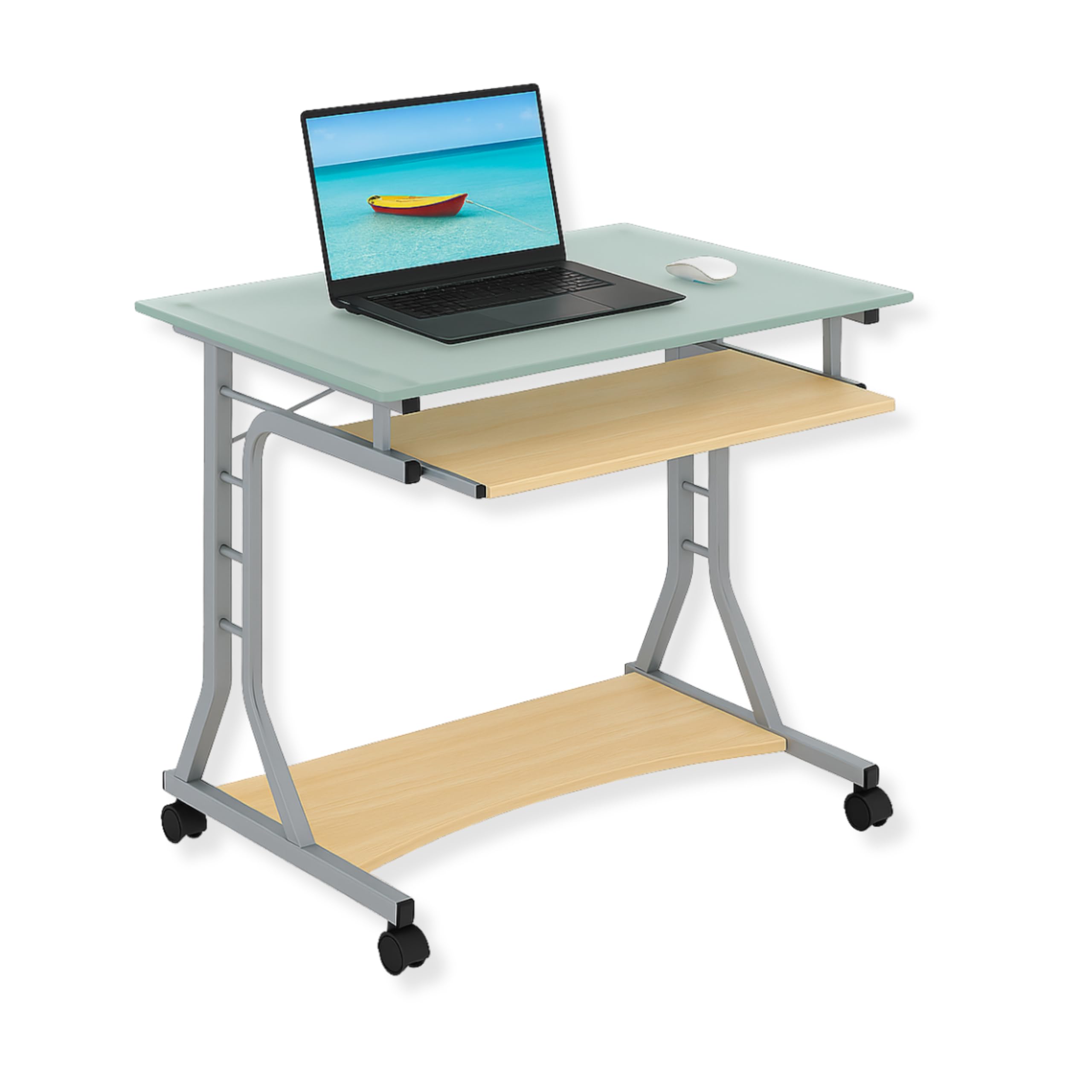 Equipo original de escritorio para PC compacto de metal y vidrio con ruedas