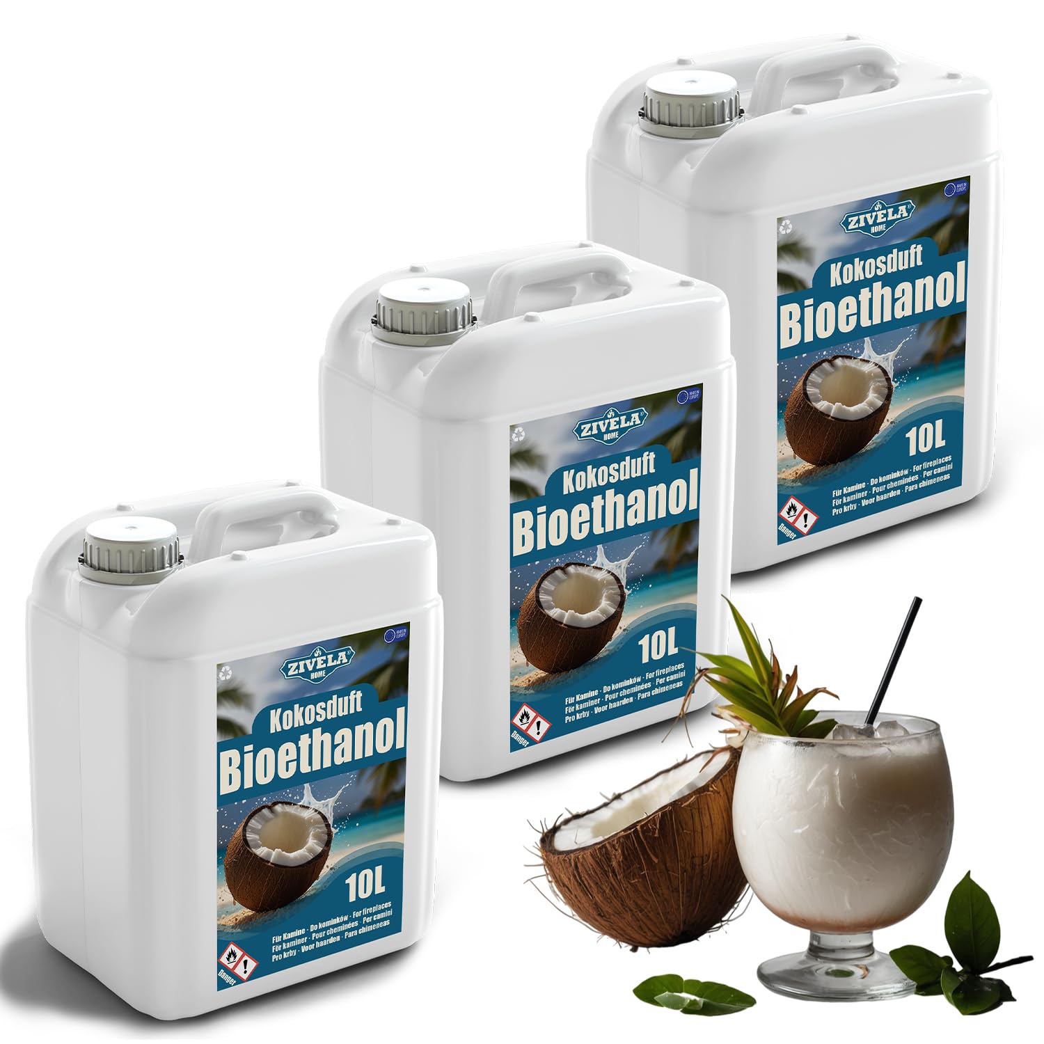 Bioetanol 96,6% 30L | Bio Alcohol Coco Aroma 96,6% 3x10L | Bioetanol para chimenea, chimenea de mesa, chimenea de bioetanol | Bioetanol Coco Aroma | Combustión limpia, sin humo, llama viva