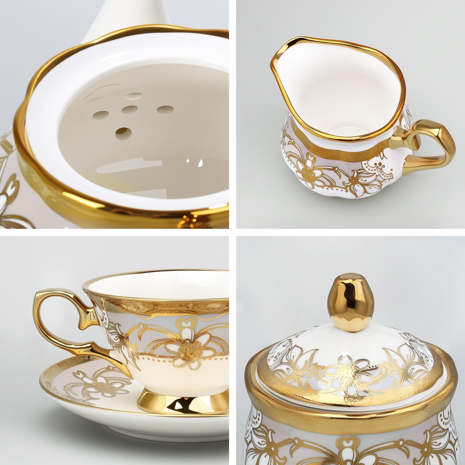 fanquare Juego de Té de Porcelana de 21 Piezas con Crema de Azúcar, Taza y Platillos para 6, Juego de Café Floral Real con Borde Dorado para Regalo de Cumpleaños y Aniversario de Boda