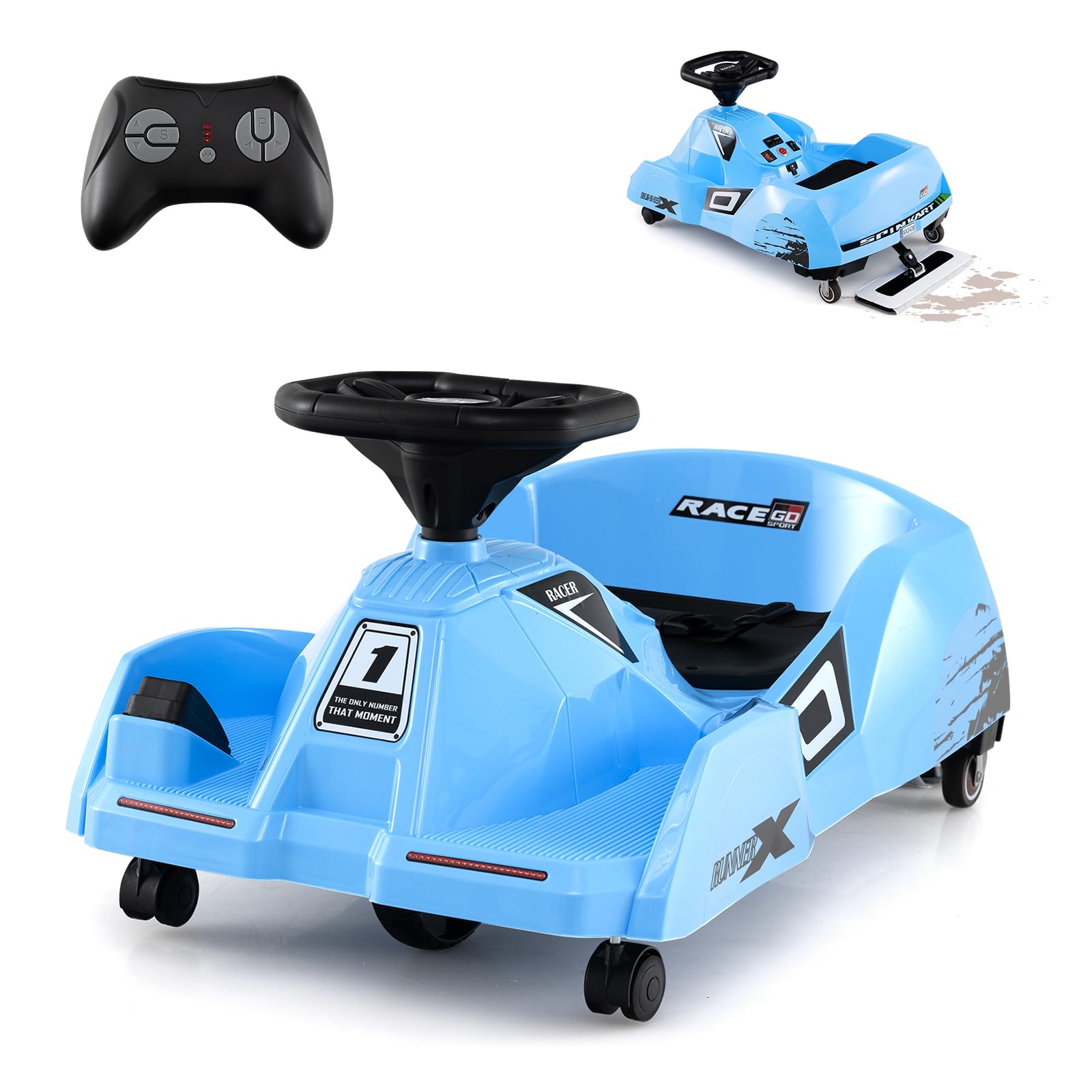 COSTWAY 12V Electric Go Kart, Kids Ride on Racing Car with Detachable Mop, 3 Speeds, Remote Control, Horn, Music & Wireless Connection, Battery Powered Cleaning Go Cart for 2-5 Years Old (Blue)