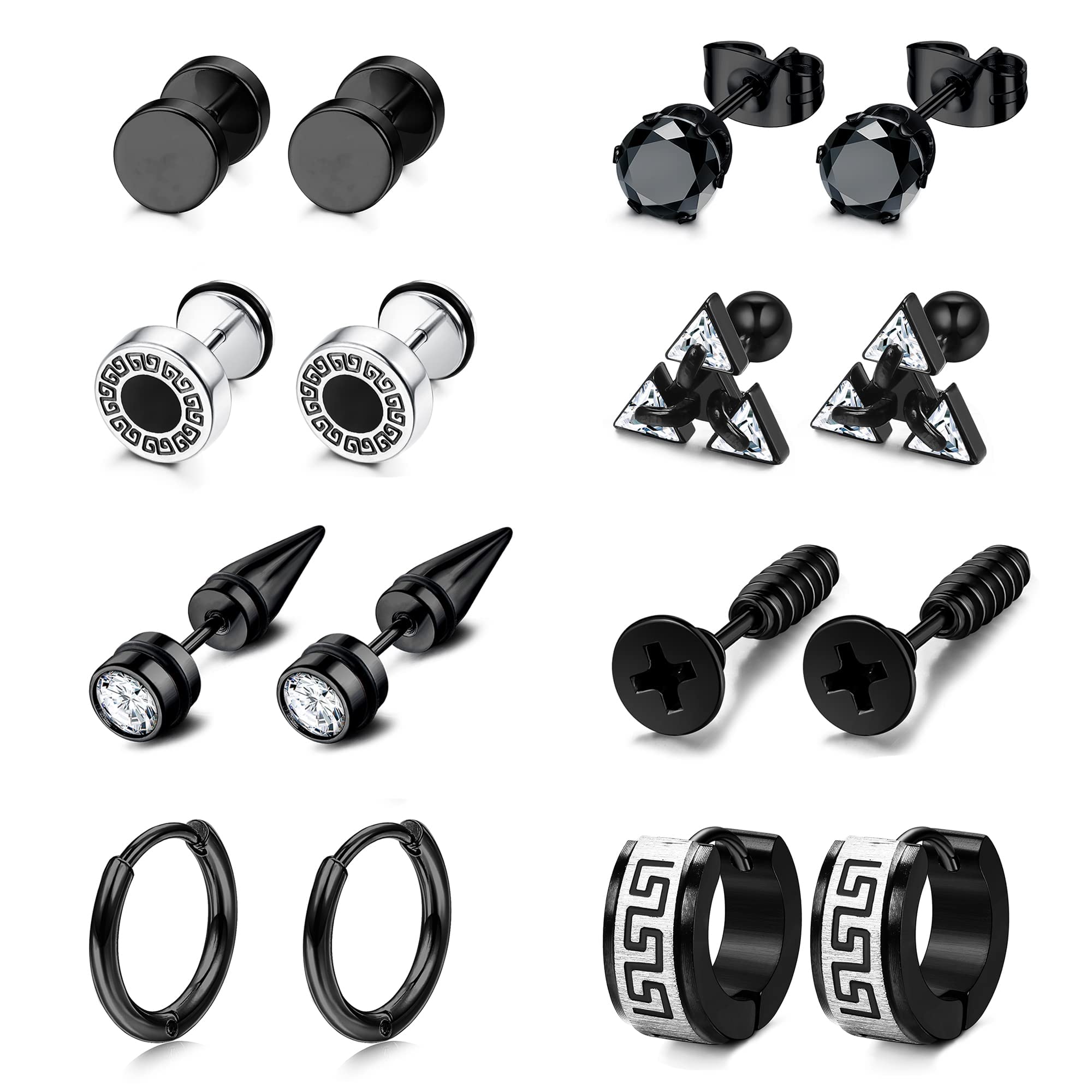 JeryWe8 Pares de Pendientes de Acero Inoxidable Negro para Hombres, Mujeres, Pendientes Falsos de aro Pequeño,Unisex