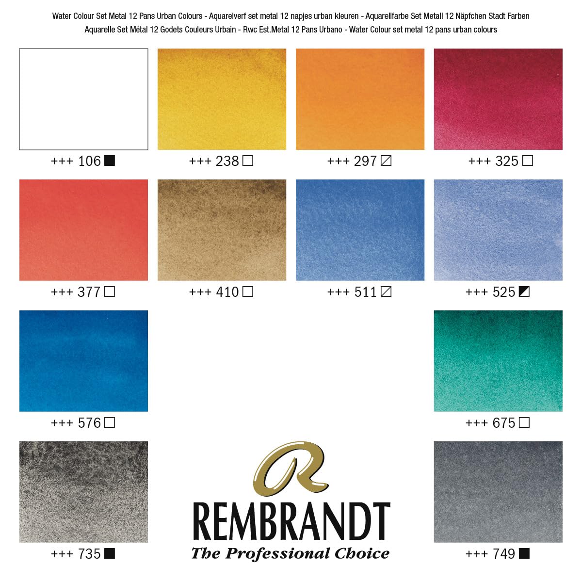 Rembrandt Set di acquerelli Professionali Scatola di Metallo di Lusso | Selezione Paesaggio Urbano | 12 Colori + Pennello