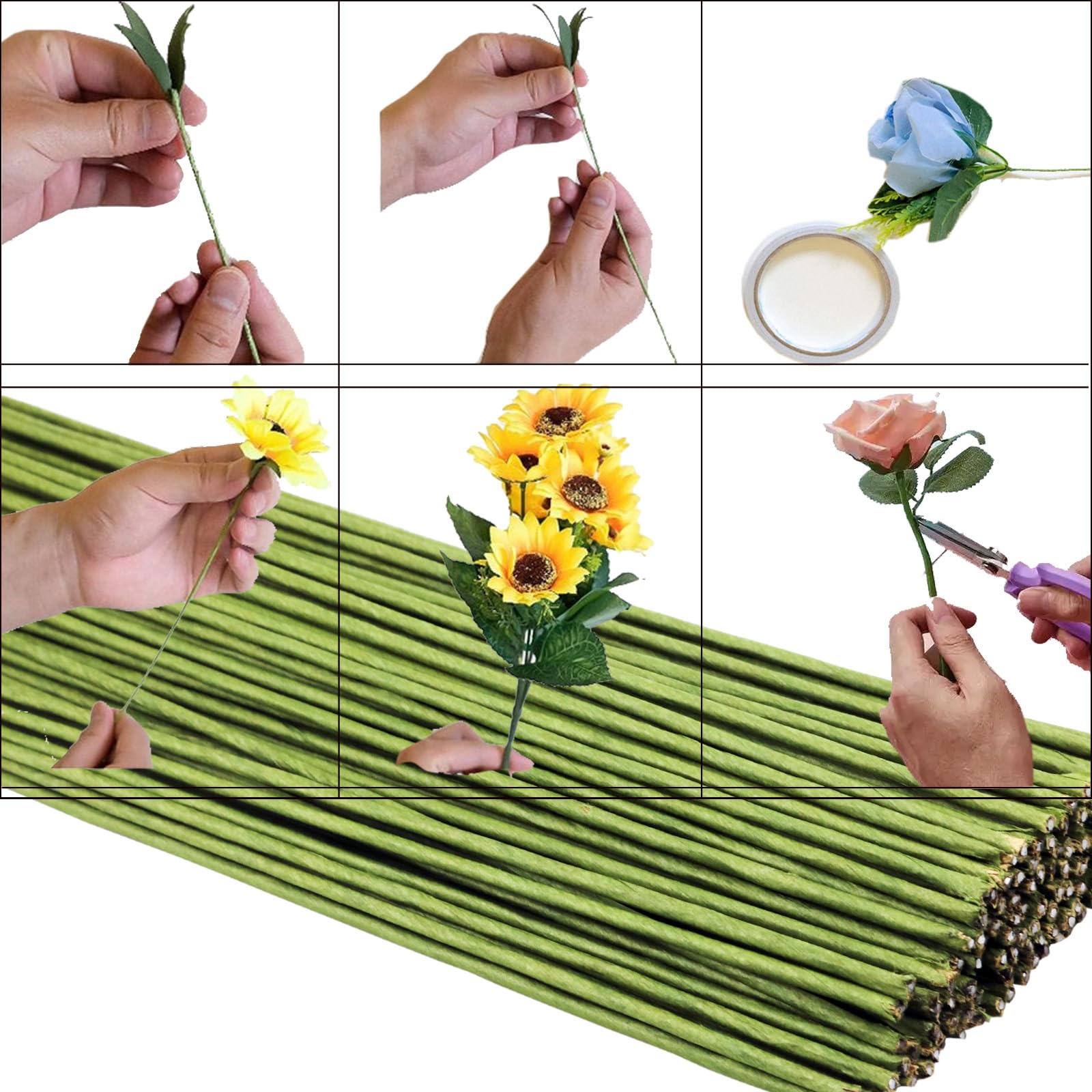 50 unidades de alambre floral de calibre 2, alambre envuelto en papel floral verde de 16 pulgadas/40 cm, tallos de floristería para suministros de arreglos florales, manualidades, ramos, tallos de