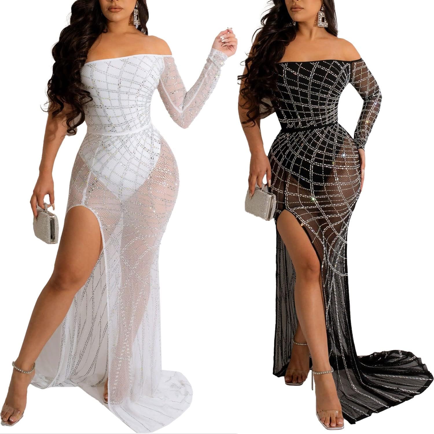 PORRCEY Sexy Elegant Rhinestone Dress for Women Mesh See Through Bodycon Birthday Cocktail Party Club Night Evening Gowns - Image 4