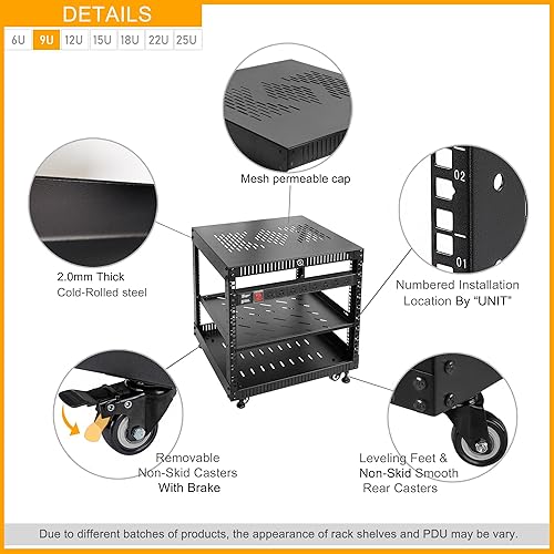 Miniatura 5 de RIVECO Rack de red 9U con cubierta superior reforzada, estante de piso de 4 postes sobre ruedas para equipo de 19 pulgadas y equipo estéreo, incluye
