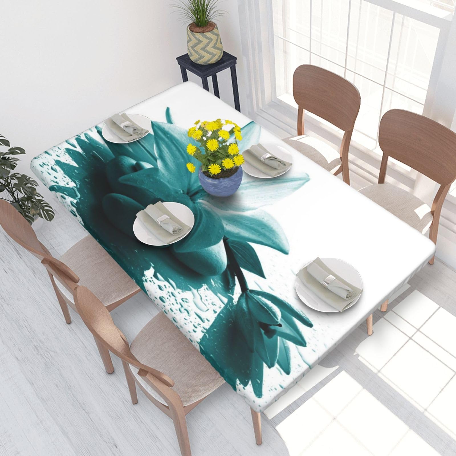 BNVSADC Teal Lily Printed 4FT Tablecloth 122x76 CM Polyester Kitchen Water Resistant Table Cloth Dining Table Decoration Table Covers