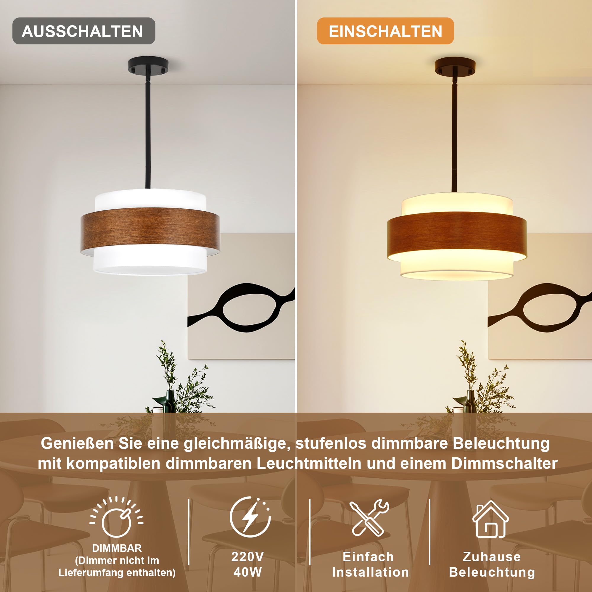Deckenlampe Holzoptik Stoffschirm 4 Flammig, Deckenleuchte Küche, E27