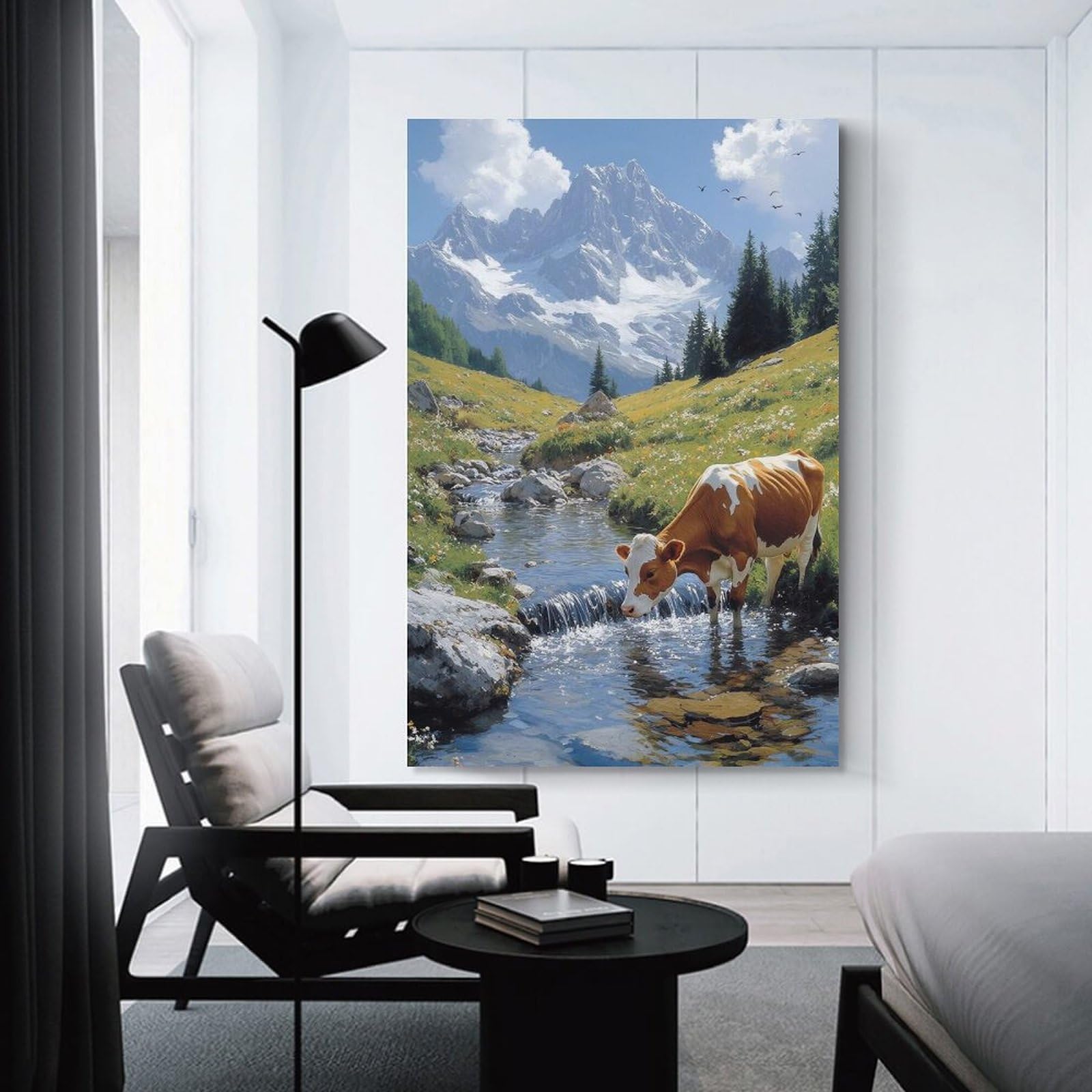 Junmoney Unframe-Style-5 Cow Drinking Water In Mountain Landscape Room Decor Wall Art 12X18inch(30X45cm), For Lounge Decor, Offices Or Entryway Styling, A Flexible Wall Accent For Shared Spaces