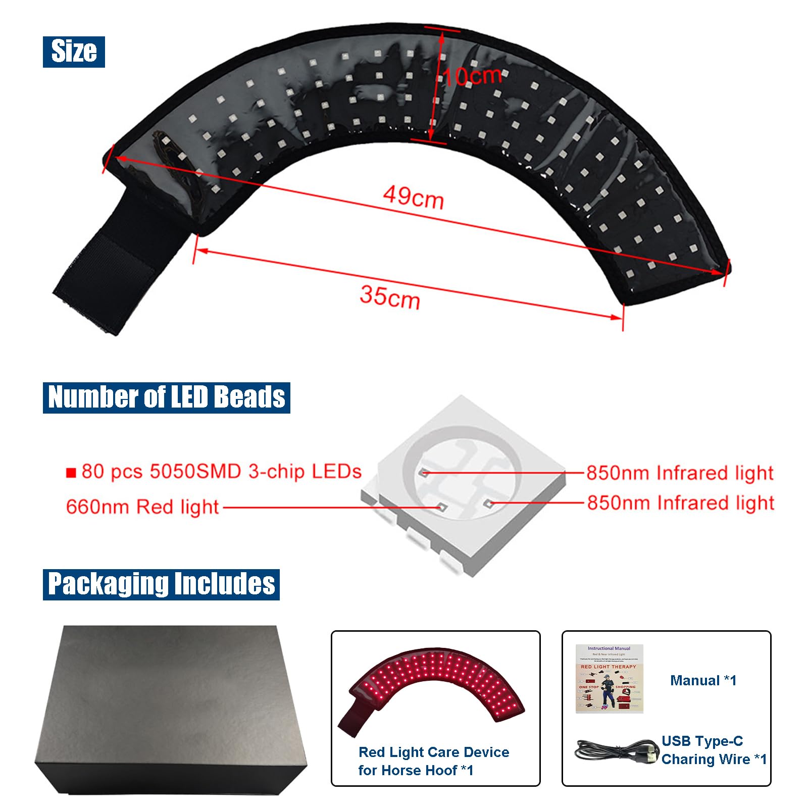 GOURIXIN Terapia de luz roja para caballos, envoltura infrarroja equina de 660 nm 850 nm para alivio del dolor de pezuña, rodilla y corvejón, temporizador de 20 minutos, recargable de 3000 mAh