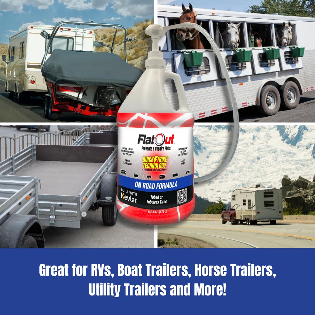 FlatOut QuickStrike On Road Tire Sealant - NEW Formula - Prevents Flat Tires - Seals Leaks - Contains Kevlar - Tubeless Tire Sealant - 1 Gallon + Tool