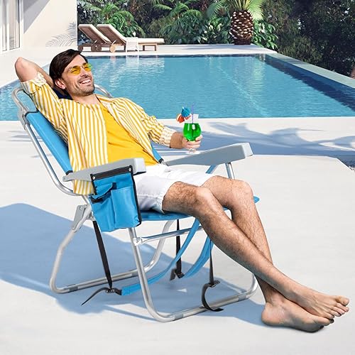 Miniatura 8 de Silla de playa plegable alta con toallero, 5 posiciones ajustables, toallero, enfriador y bolsa de almacenamiento, portavasos y soporte para