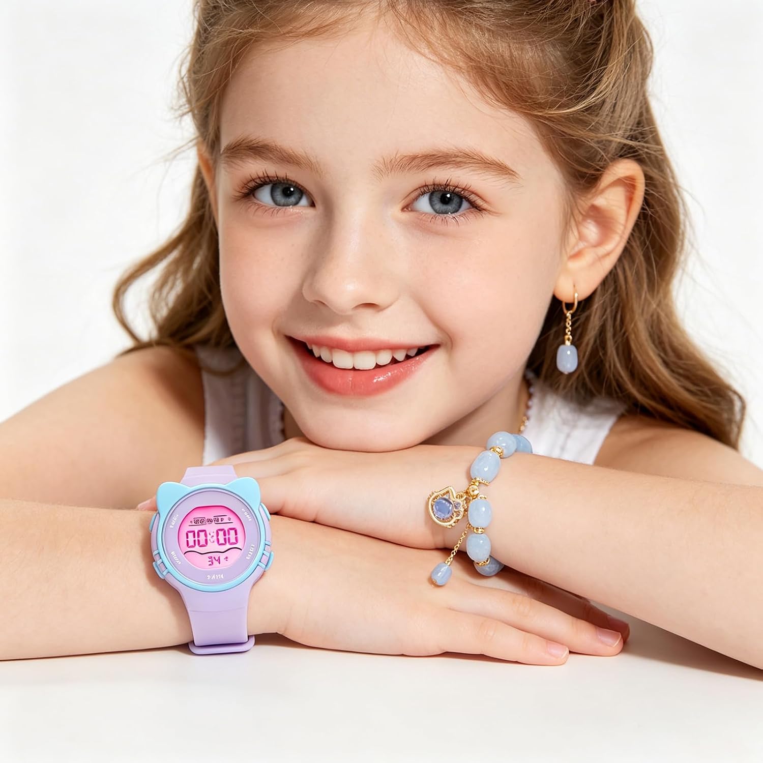 NEWITIN 4 Pieces Girls Watch Bracelets Set Digital Sport Alarm Stopwatch Waterproof Cute Watch Jewelry Set for Girls 5-13 Years Old Kids