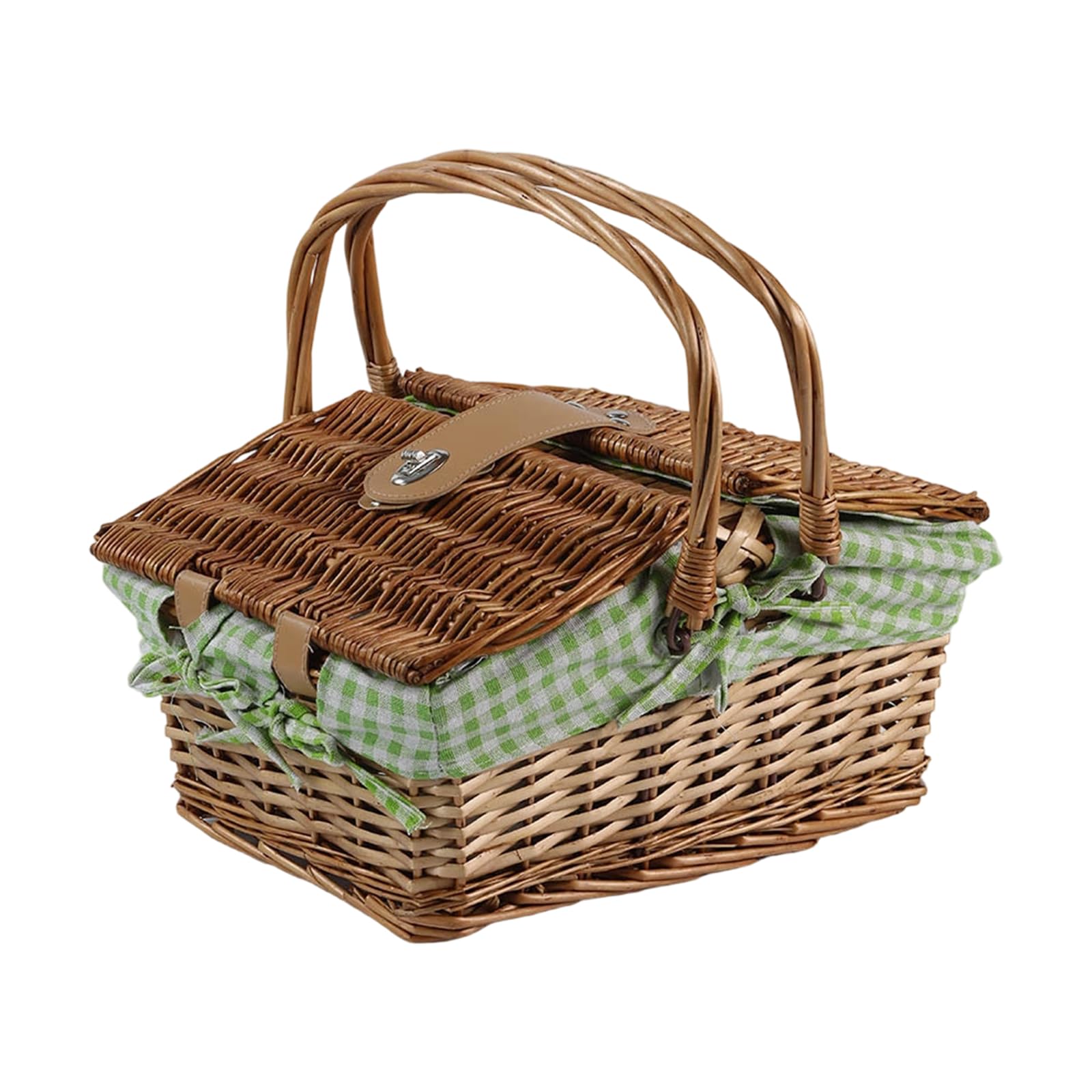 Tsophreniq Green Check Fabric Rattan Storage Basket With Handle Perfect For Picnics Organizing And Home Decoration Breathable Camping Gear Planner
