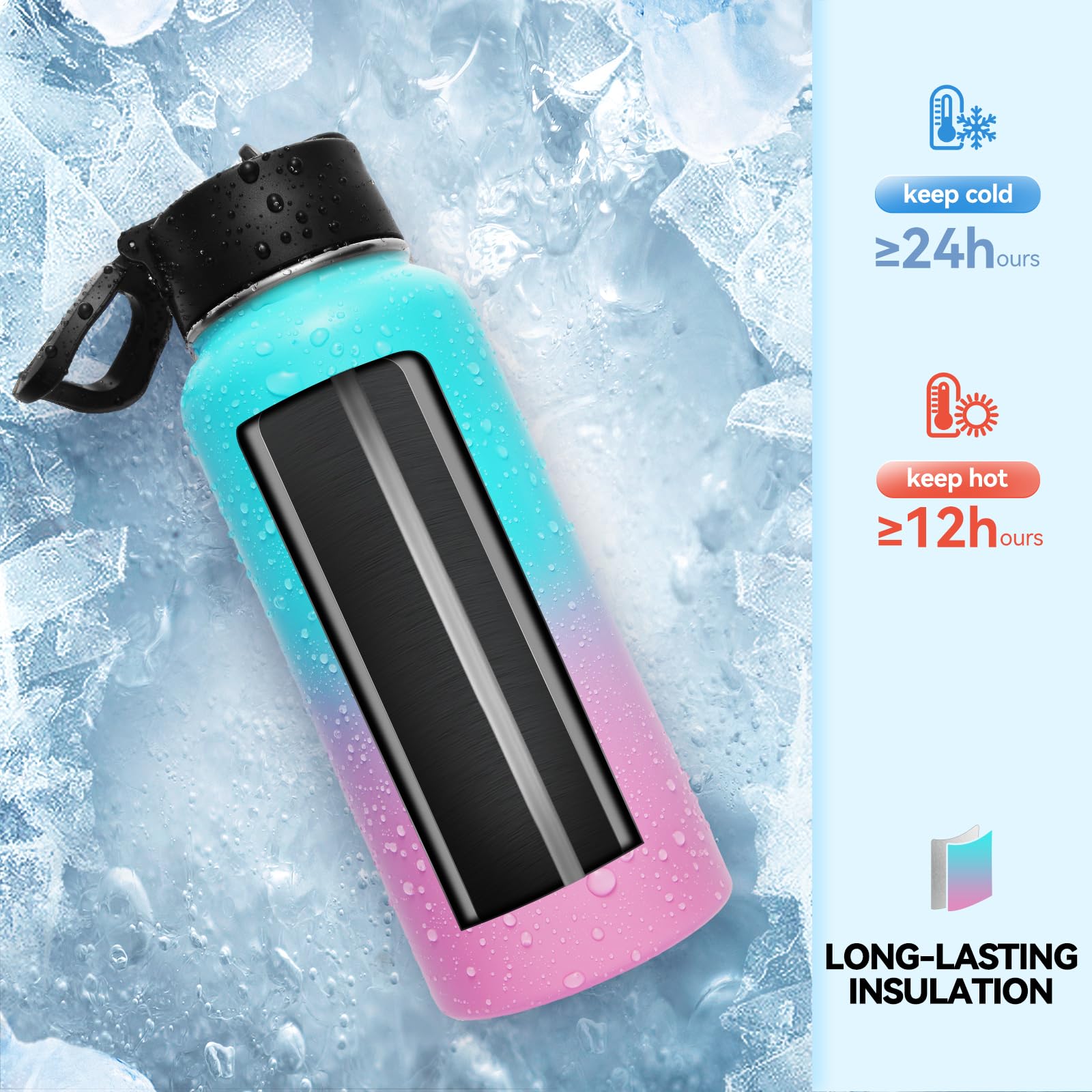 Neihepal Isolierte Wasserflasche, 18/8 Edelstahl, doppelwandig, mit Strohhalm-Deckel und Auslaufdeckel, hält warm und kalt, ideal für Fitnessstudio, Schule, Outdoor, Camping, Sport, Grün, Pink, 4