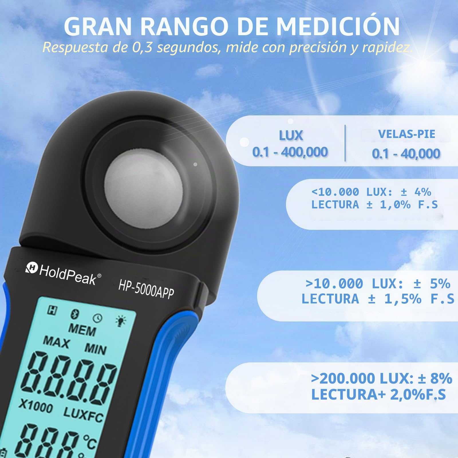 Medidor de luz digital para medición luminosa, 400,000 Lux 5000APP, medidores de luz, medidor digital portátil ambiental, para luz LED/plantas, rotativo 270º, APP Operación