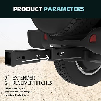 Trailer Hitch Extender for 2 Inch Receiver, 7 Inch Extension Length, 3500 lbs GTW, with 5/8 Inch Stainless Pin and Clip, Matte Black