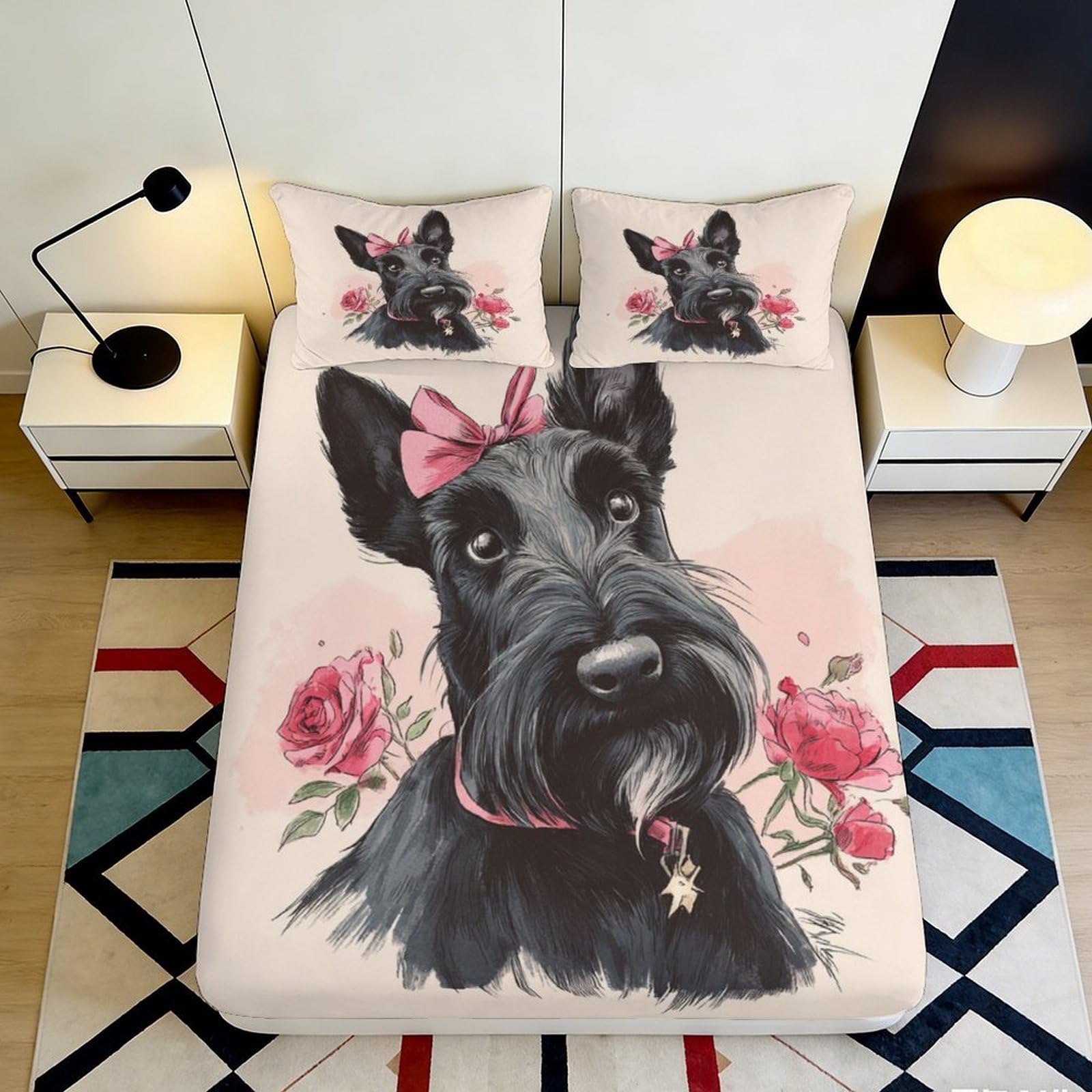 3D Printed Black French Bulldog Fitted Sheet Microfiber, Rose Floral Bed Cover for Bedroom, Sofa, Dorm 90x200x25cm