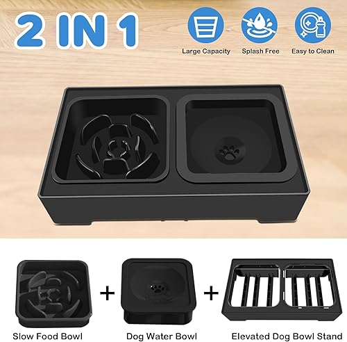 Miniatura 7 de IKUSO Cuencos elevados 2 en 1 para perros de alimentación lenta con 4 alturas ajustables para perros con cuenco de agua antiderrames y alfombrilla