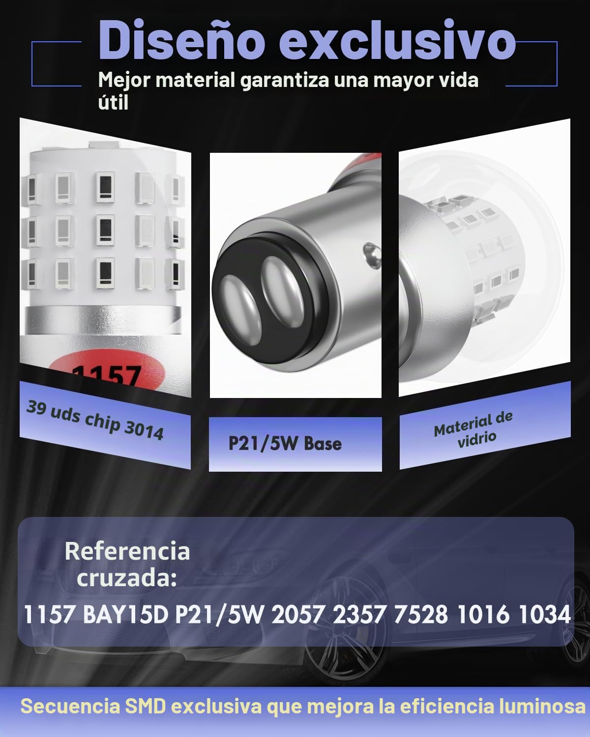 Alopee Paquete de 2 Bombillas P21/5W Led Rojo 12V Bombilla 1157 Doble Contacto para Luz de Posición y Luz de Freno, Compatible con Chips 1157 BAY15D 1016 1034 7528, 39SMD 3014 | Paquete de 2 bombillas LED de 12 V con chipset 3014 para 2057 2357 7528 bombi