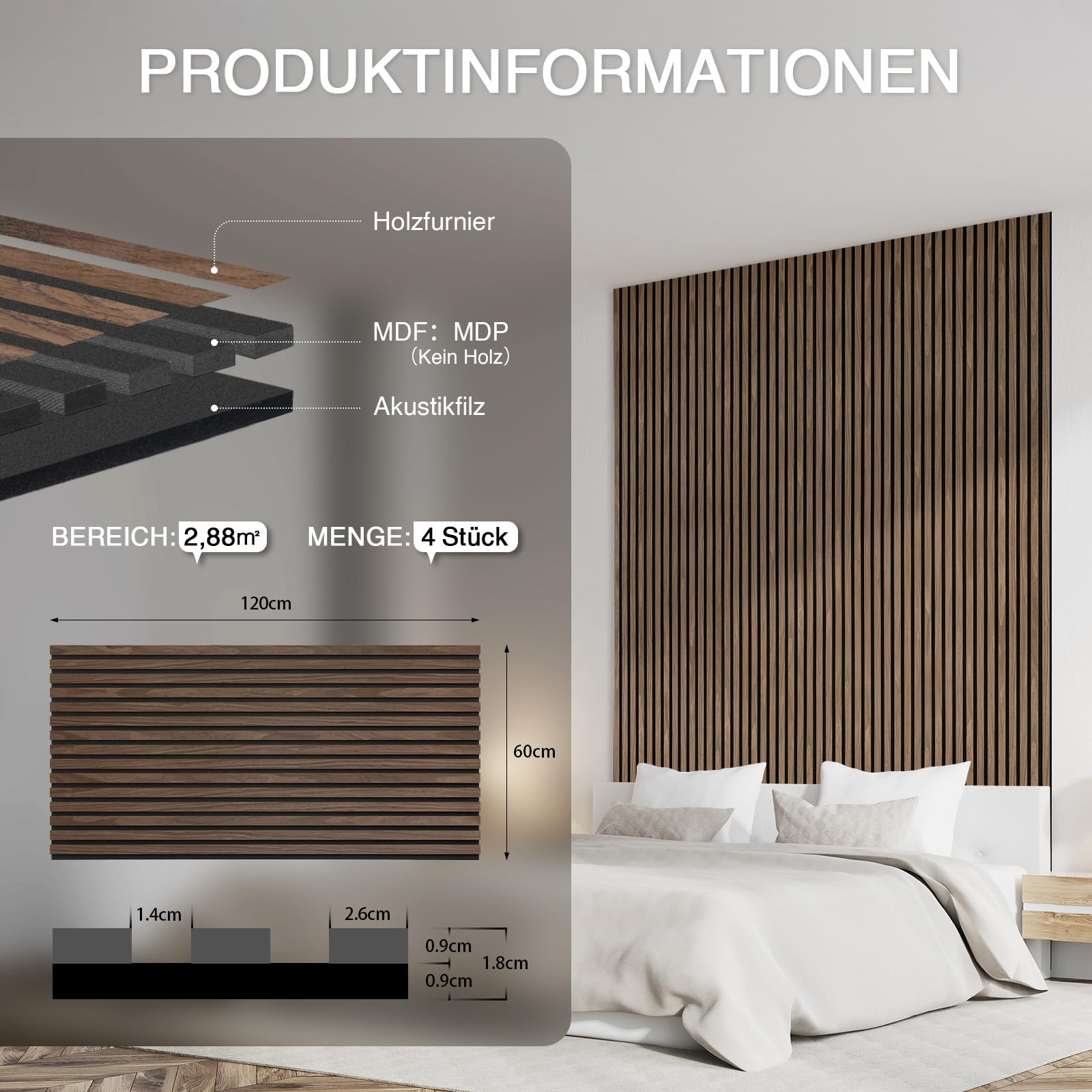 Akustikpaneele Holz 120x60cm-4er Set(2,88m²) 3D Wandpaneele mit Holzfurnier & Filz, Akustik Holzpaneele Wand Für Studio, Wohnzimmer & Büro|Dekorative Wandverkleidung Innen Dunkel Walnuss#11
