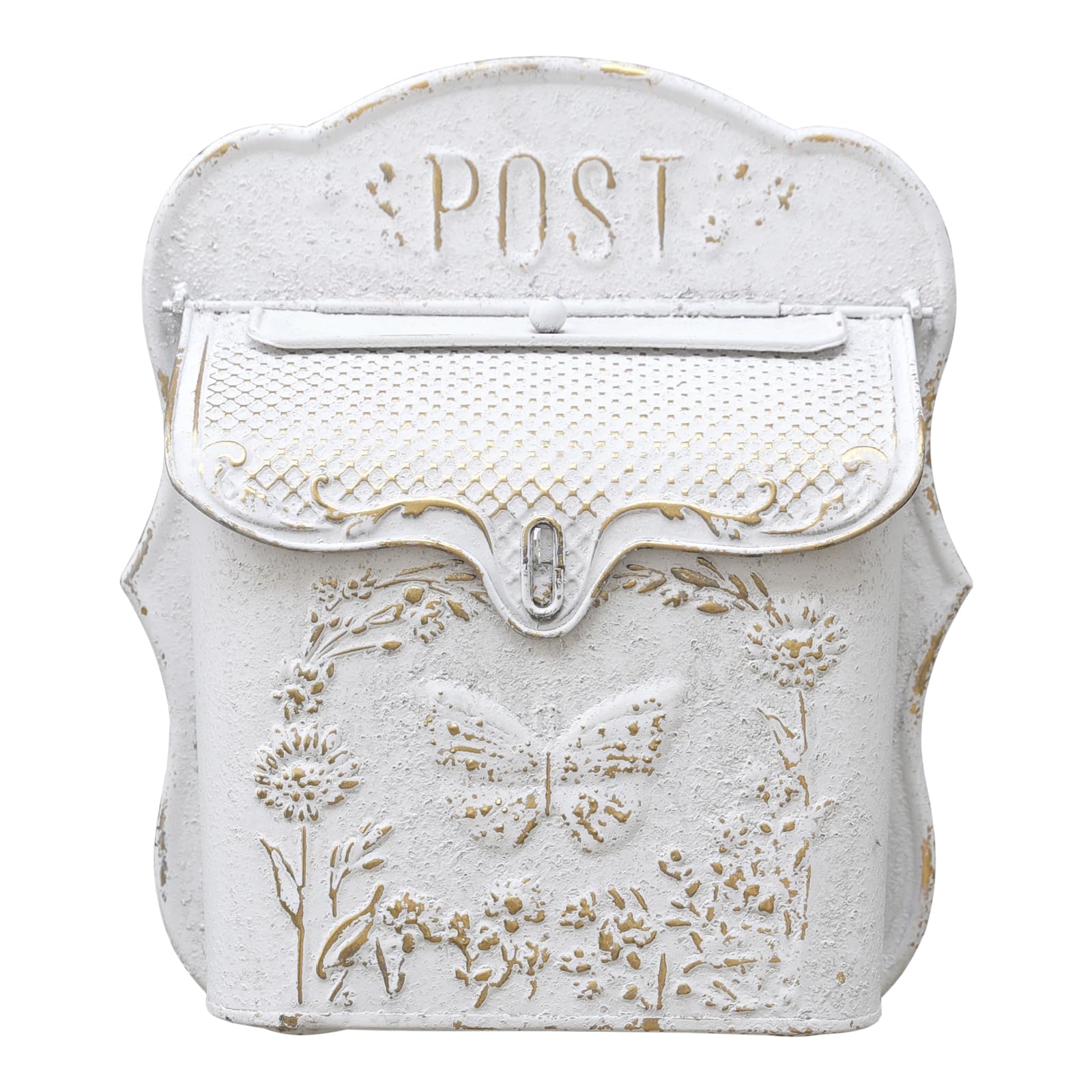 Mailbox Wall Mount Mailboxes For Outside Vintage Mail Boxes For House Outside Metal Drop Box Antique Style Nostalgic Charm Home Decorative, Butterfly Pattern, White