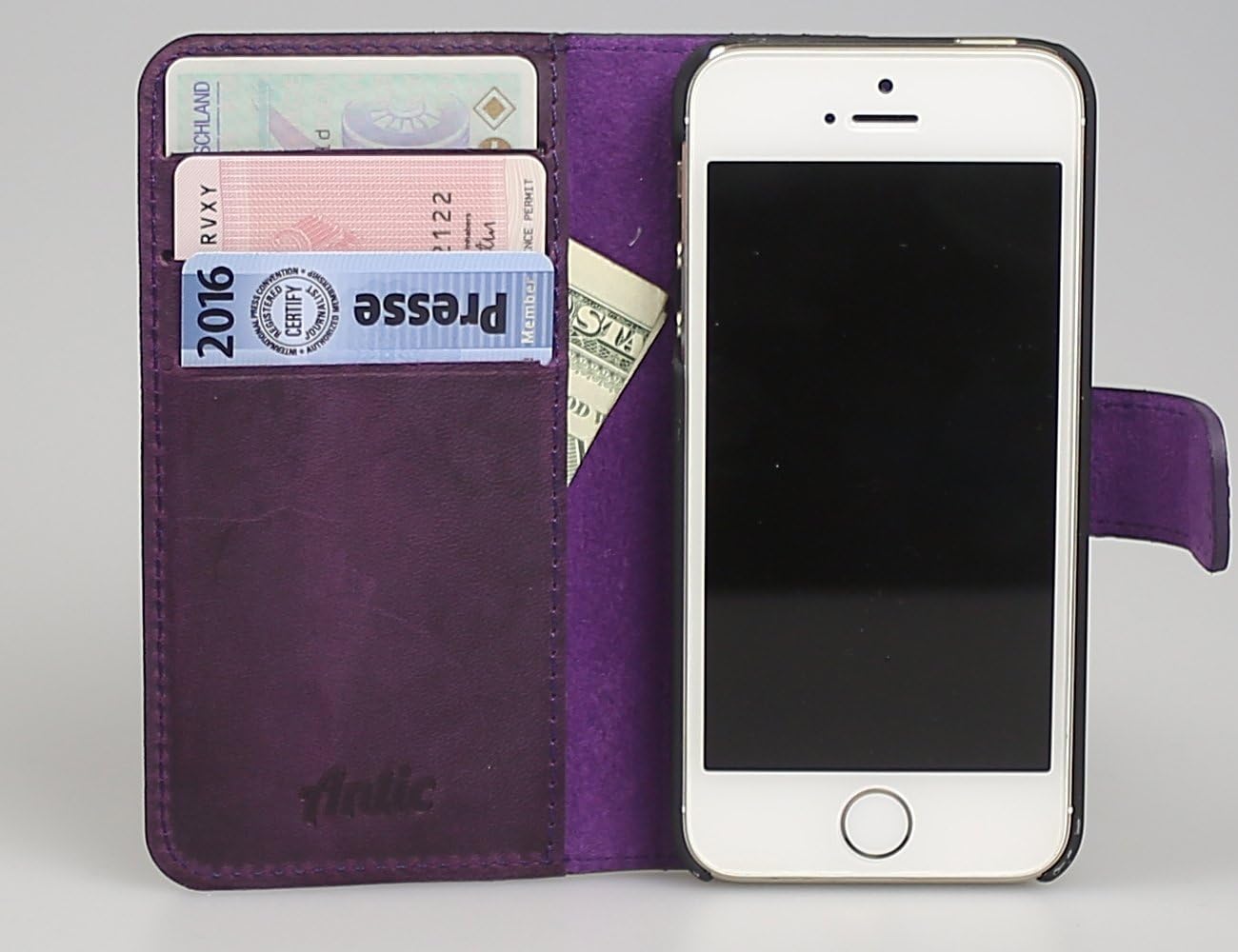 iPhone SE Case 5/5S Case. Premium Leather Wallet Case. Genuine Leather Book Cover Case (Purple)