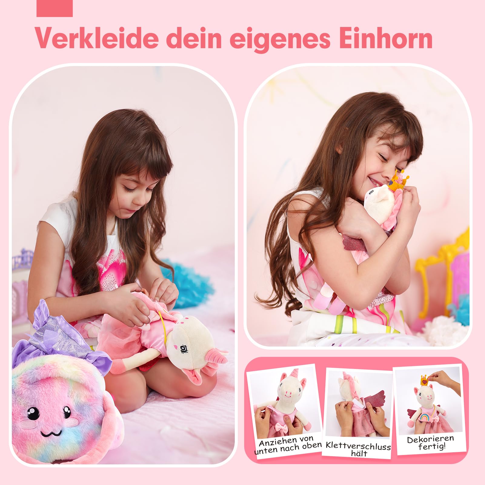 hahaland Plüschtier Einhorn Spielzeug ab 3-8 Jahre, Weiche Ballett Unicorn Stoffpuppe Kuscheln,Einhorns Kuscheltier Set mit 3er-Kleidungsset zum Anziehen, Einhorn Geschenke für Mädchen 3 4 5 6 7 Jahre