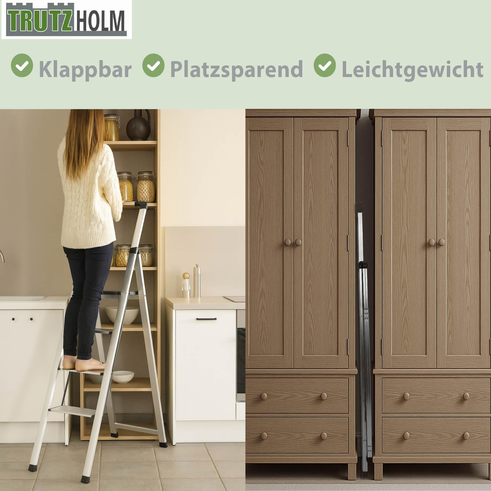 TRUTZHOLM Alu Trittleiter 4-stufig klappbar bis 150 kg Traglast Aluminium Silber Anti-Rutsch Trittflächen TÜV/GS Klapptritt 5,6 kg leicht platzsparend 5 cm schmal (Schwarz, 4 Stufen)
