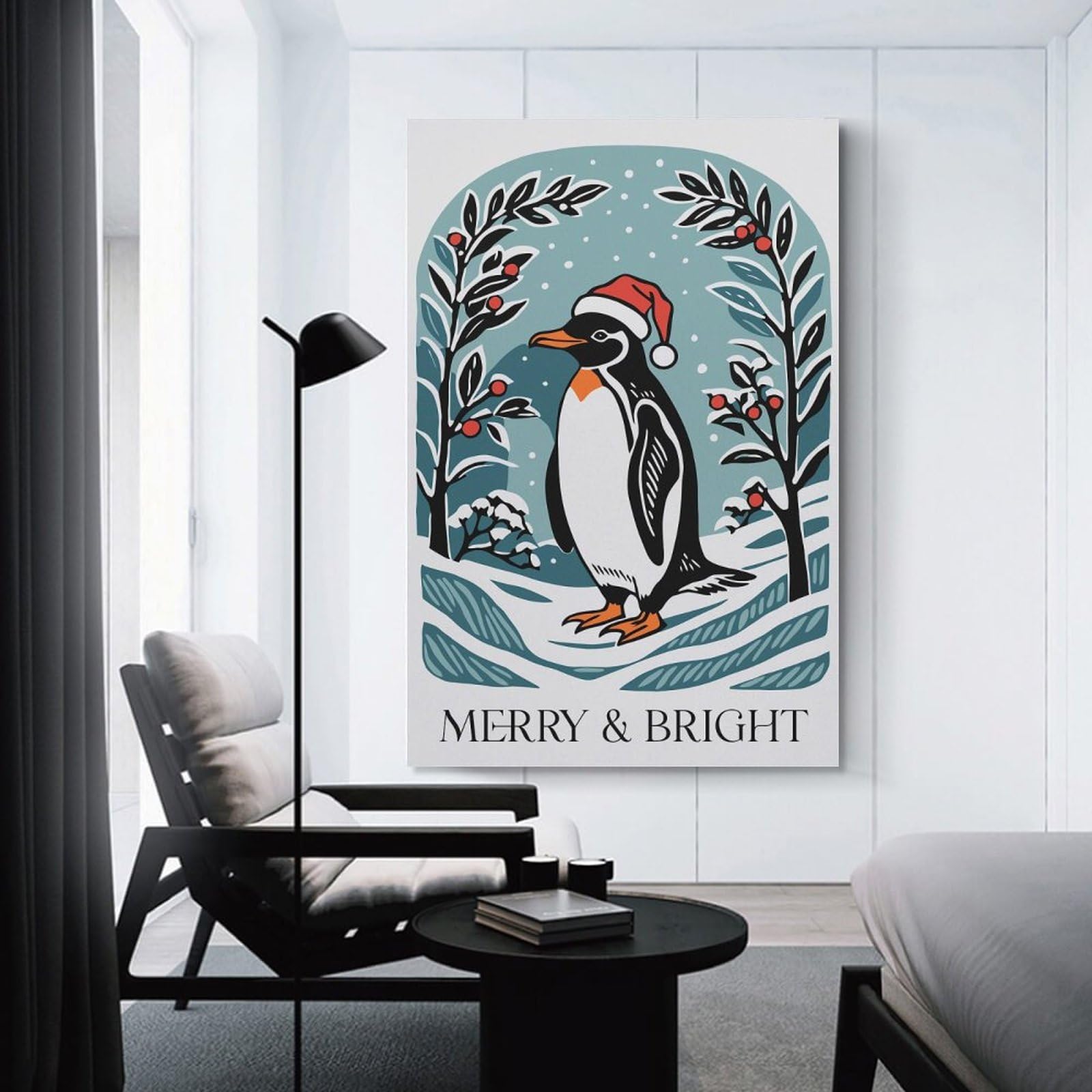 Junmoney Decorative Wall Artwork Penguin Christmas Card, 24x36inch(60x90cm), for Living Room, Lounge Or Sitting Room, Modern Wall Decor for Cosy Interiors