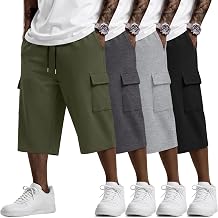 August Alley 4 Pack Mens Capri Shorts Big and Tall Cargo Baggy Sweat Shorts Below Knee 3/4 Pants with Pockets