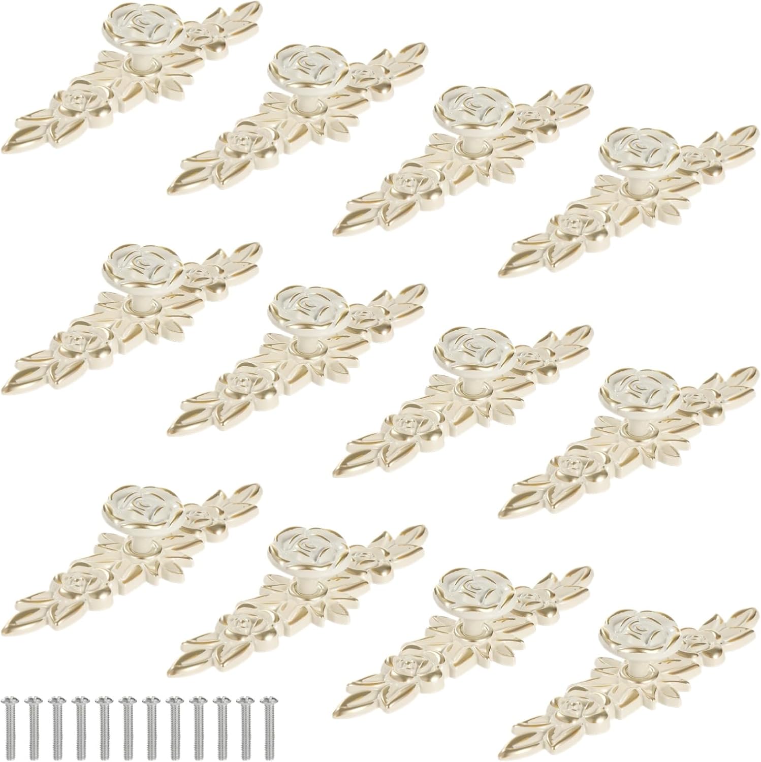 OMISTAR 12 PCS Ivory Rose Cabinet Knobs, Euro Aluminum Alloy Decorative Knobs with Screws, Vintage Floral Drawer Pull Handles for Dresser, Cupboard, Wardrobe, Furniture Renovation