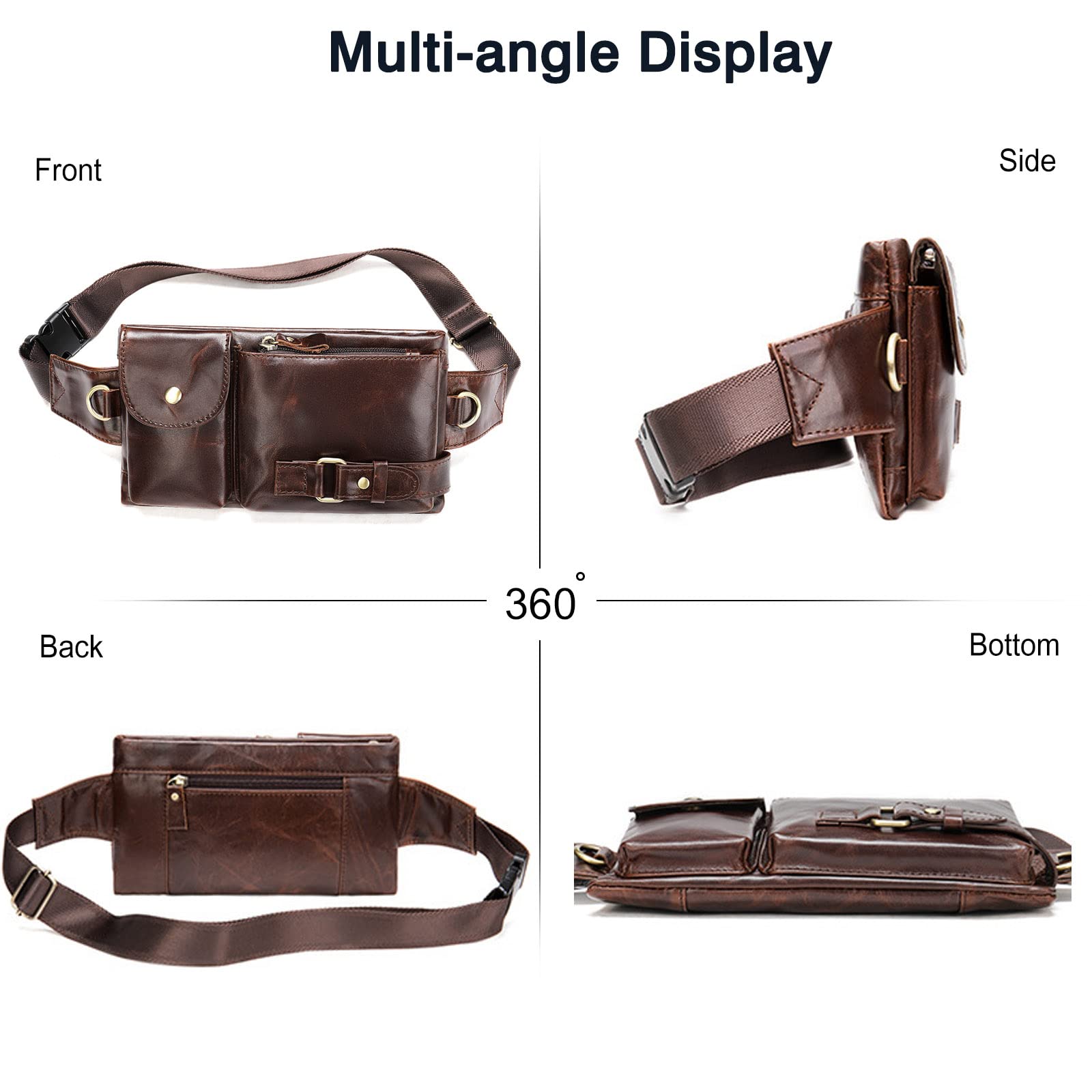 FANDARE Rétro Sac Banane Cuir à la Taille Ceinture de Course Bandoulière pour Sports Travers Voyage Cyclisme Moto Imperméable Marron D