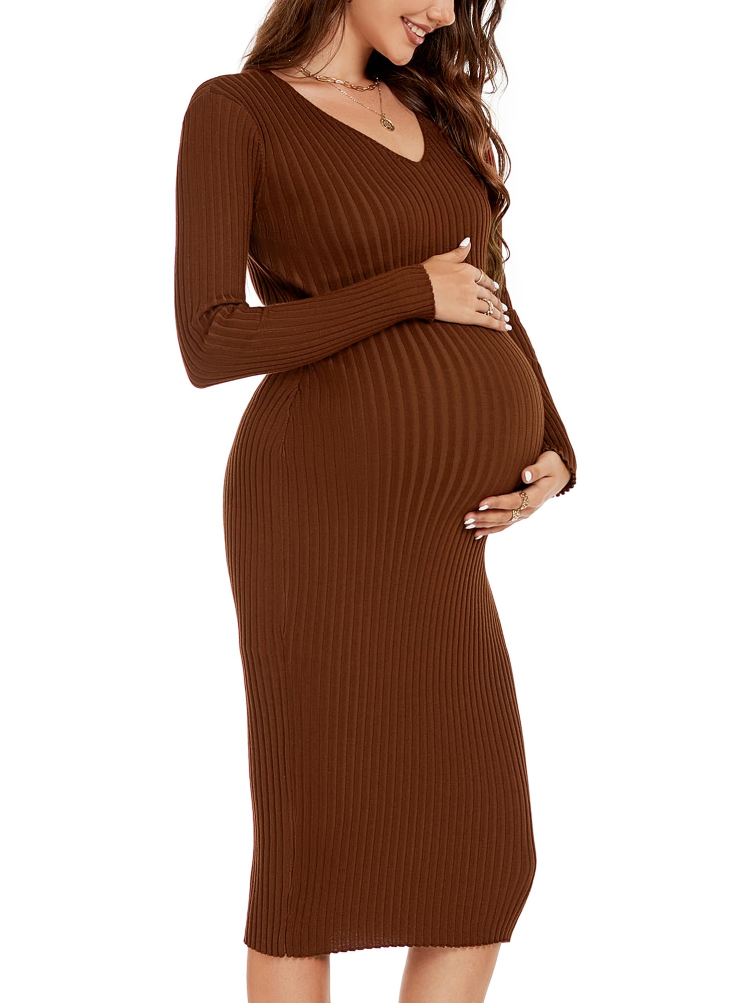 Abito premaman a maniche lunghe con scollo a V in maglia elasticizzata abiti maglione vestiti per gravidanza per servizio fotografico baby shower, Caramello, M