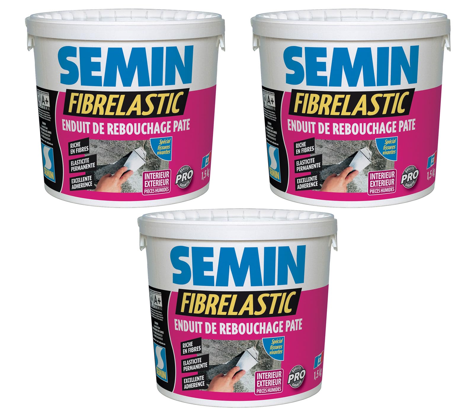SEMIN Enduit de Rebouchage Élastique Fibrelastic- 3 X 1,5kg – Fissures Vivantes Mur & Plafond, Enduit Fibre de Verre Intérieur/Extérieur, Rebouchage Flexible Multi-Supports, Qualité Professionnelle