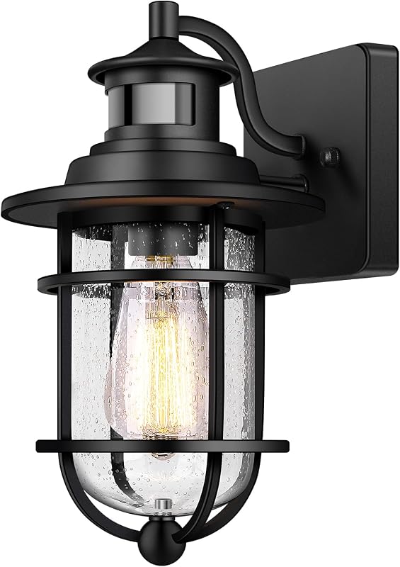 Motion Sensor Outdoor Wall Lantern Dusk to Dawn Waterproof | Exterior Wall Sconce with Seeded Glass Black Wall Mount Light Fixture for Porch Doorway Garage, E26 Socket, Motion Activated