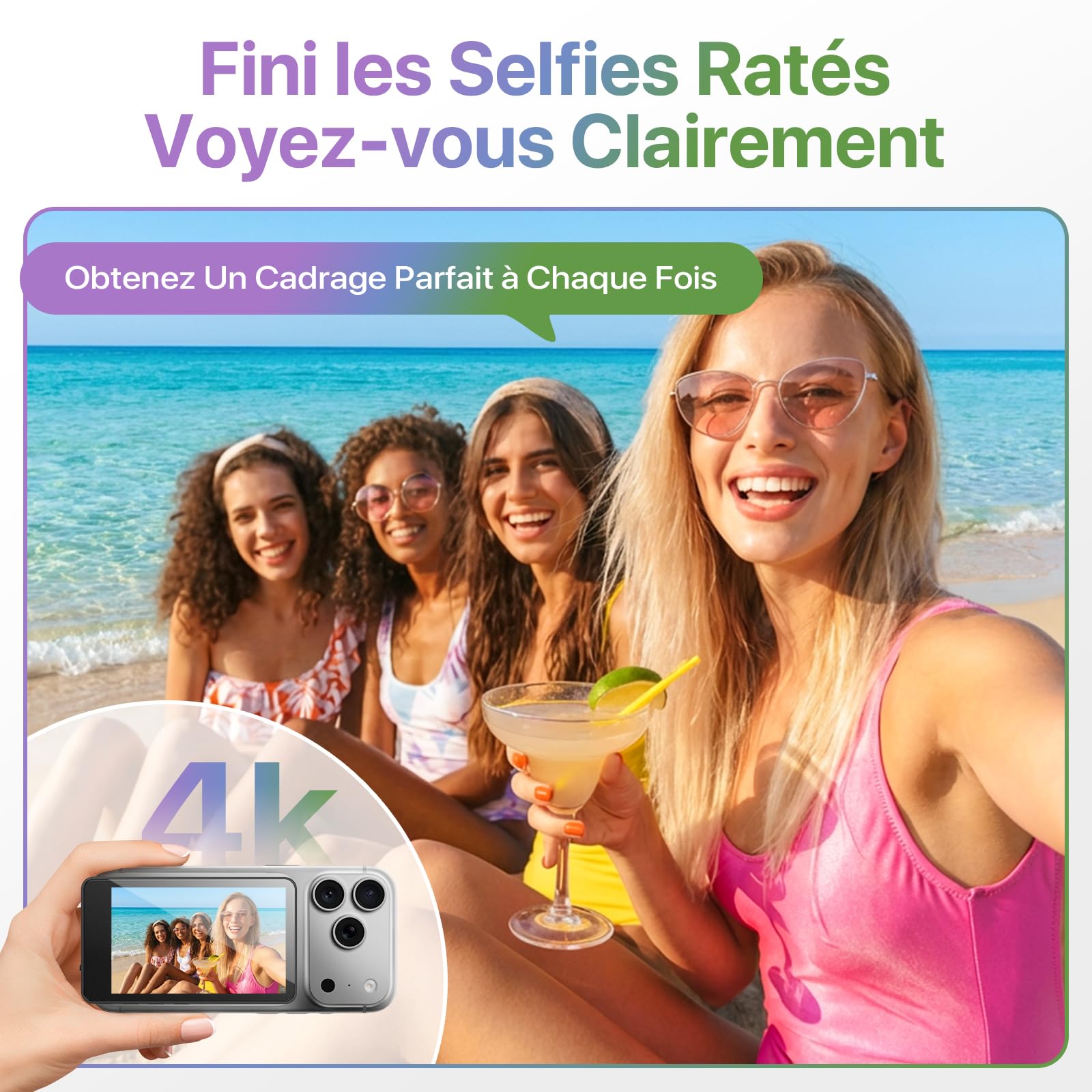 Moman Écran Moniteur Selfie sans Fil Magnétique 3,97" pour Smartphone | Compatible iPhone 7-17 et Android, 4K/1080p, 50m, Aperçu en Temps Réel pour Vlog, Tiktok et Live - Blanc