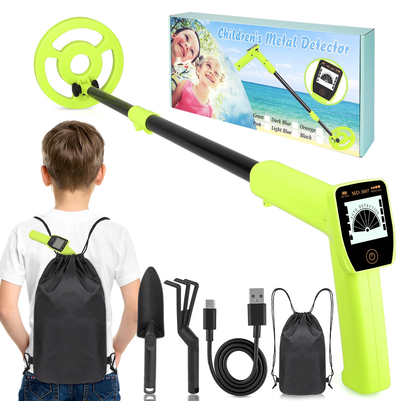Metalldetektor Kinder - iTayga 2026 USB Wiederaufladbarer Kinder Metalldetektor, Verstellbarer (24"-35"), Hochpräziser Tragbarer Metalldetektoren mit LCD-Display für die Erkundung im Freien, Grün