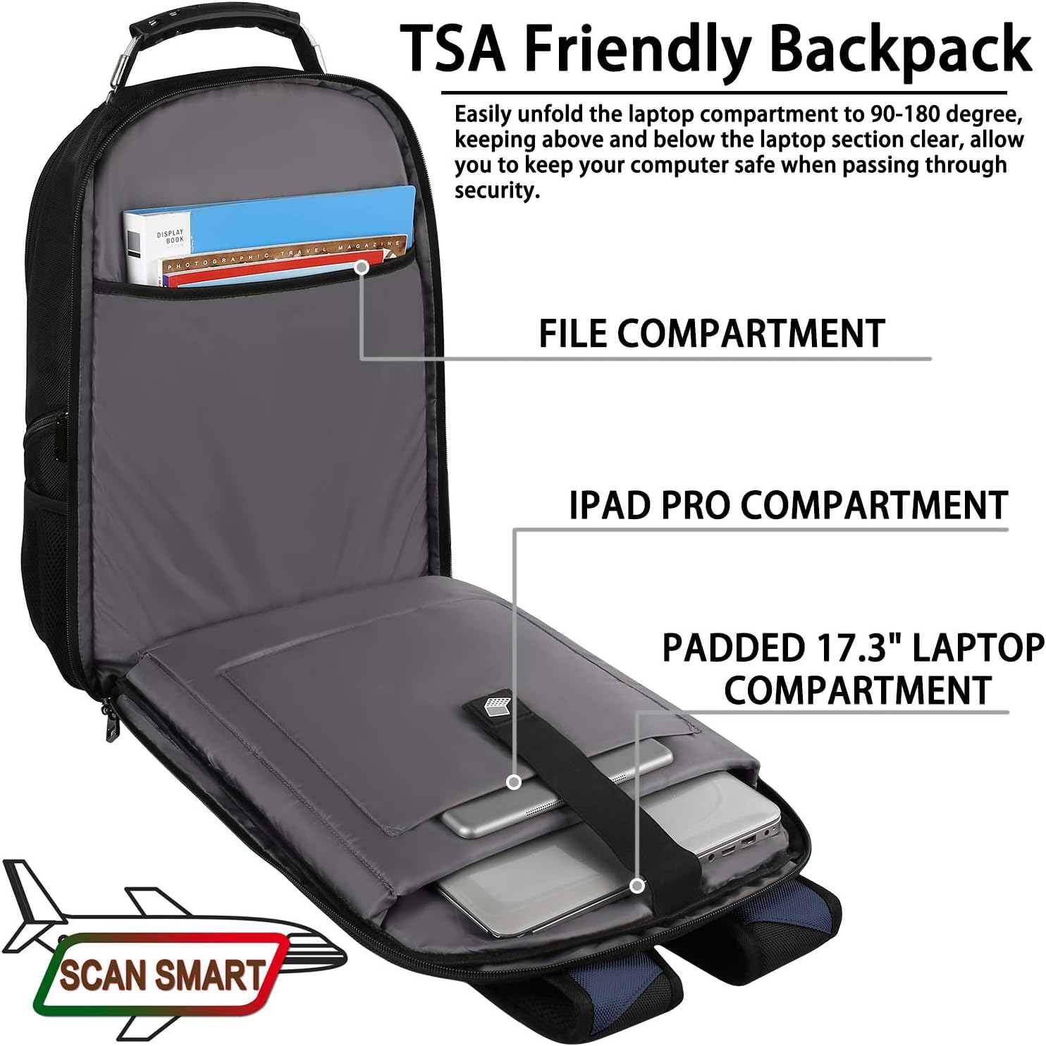 Zaino per laptop extra large per uomo e donna, Nero-blu, 17inch(19.0 * 14.6 * 10"), Zaino da viaggio