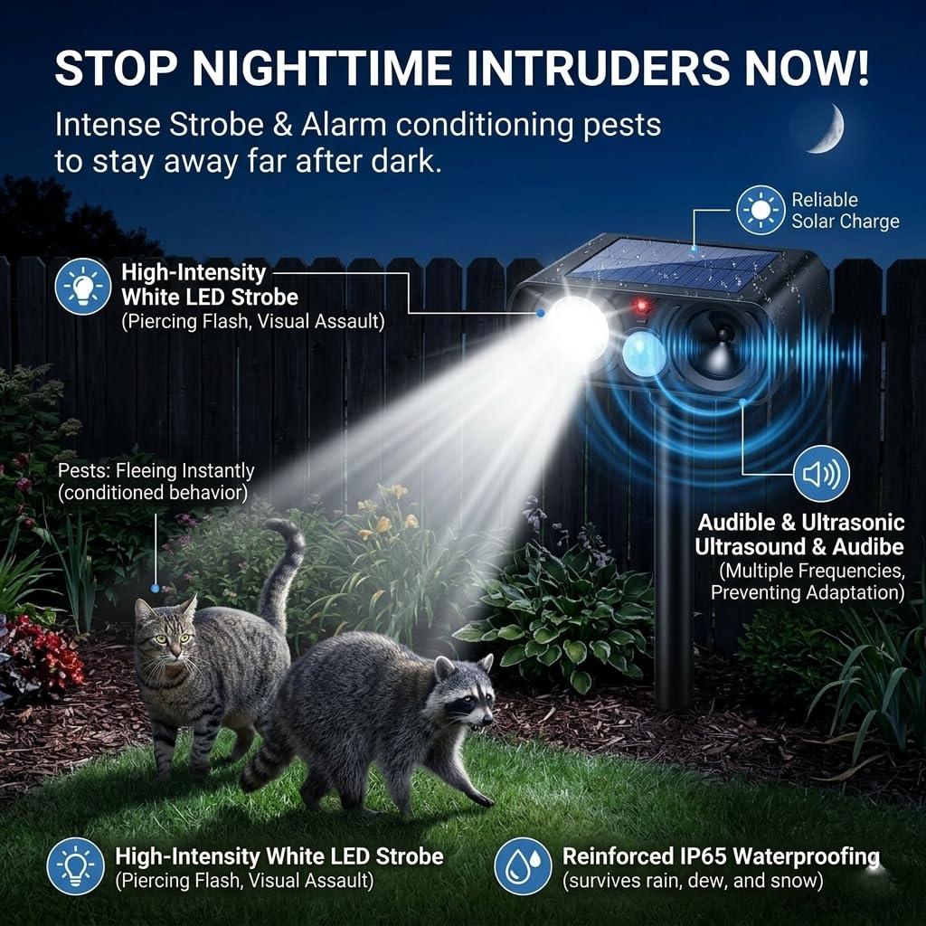 Sonic Fortress Pro 2026 Dispositivi repellenti per cervi per piante, confezione da 4 repellenti per gatti selvatici, ad ultrasuoni, ad energia solare, con sensore di movimento e luce flash, procioni