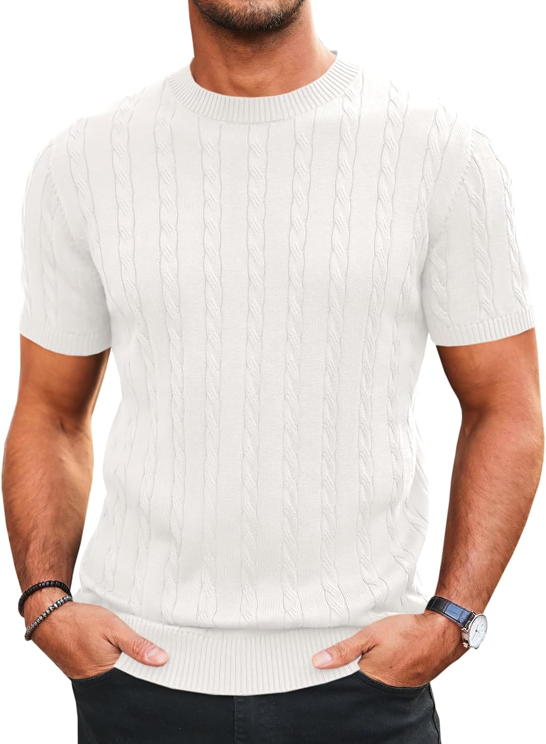 Runcati Mens Knit Short Sleeve T Shirts Casual Crewneck Slim Fit Shirt Cable Knitted Stretch Pullover Tees