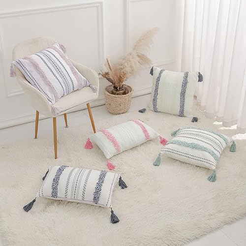 Miniatura 6 de Juego de 2 fundas de almohada decorativas de algodón con borlas, estilo bohemio, copetudo, modernas, estilo campestre para sofá, 20 x 20 pulgadas,