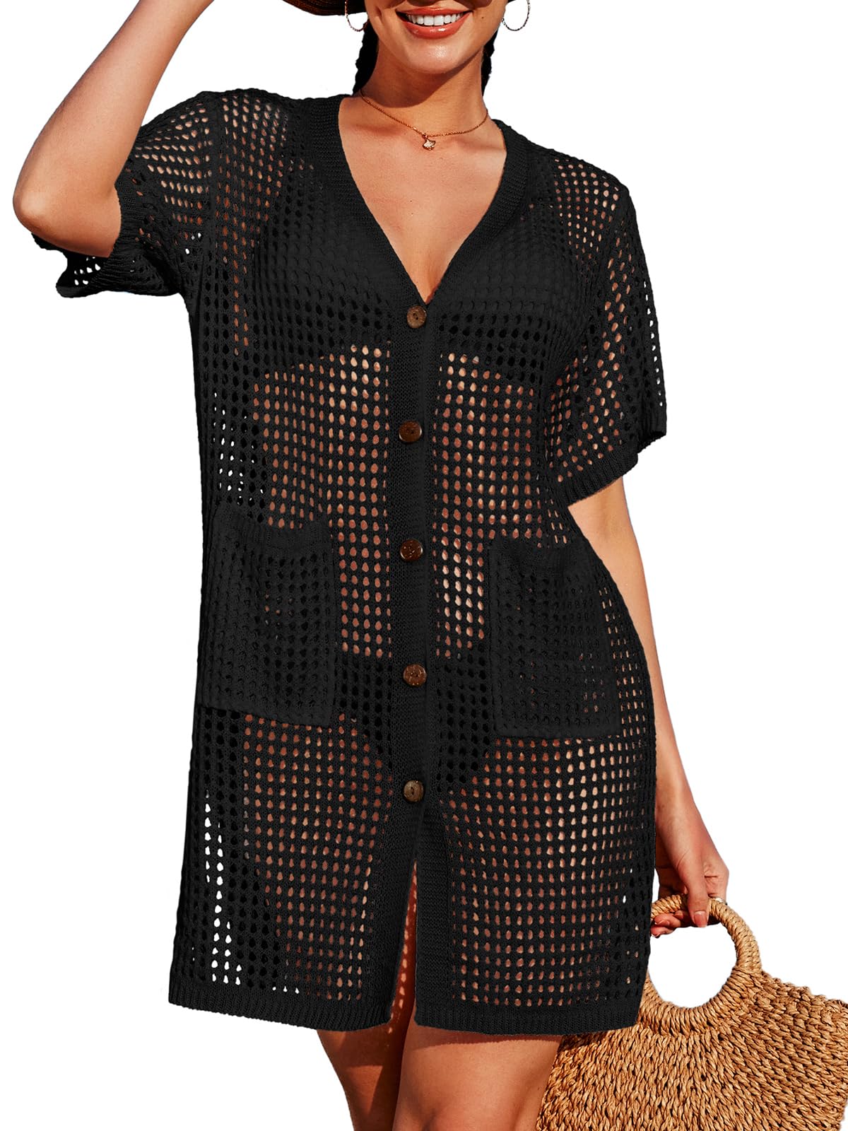 SOCIALA Swimsuit Cover up Women Button down Crochet Beach Dress Side Split Swim Bathing Suit Coverups Pocket Swimwear