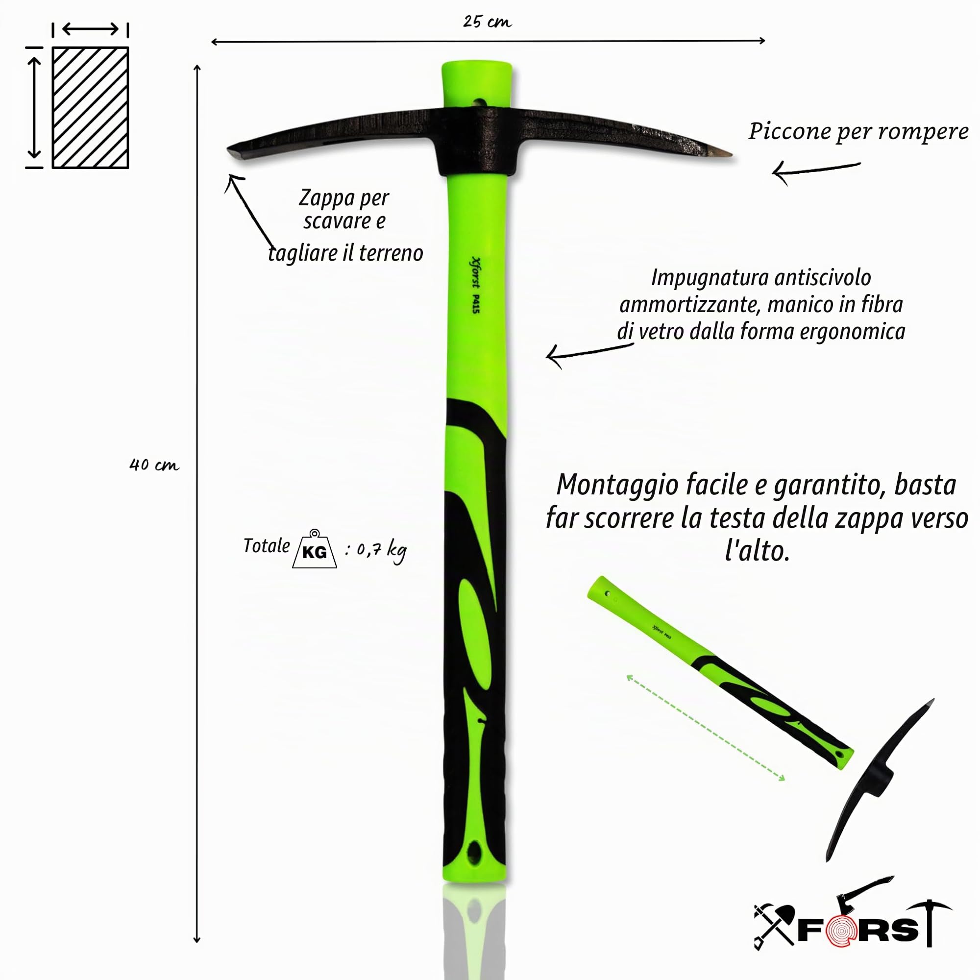 Xforst Mini Piccone 2 in 1 da Giardino 40 cm – Punta e Zappa, Manico in Fibra di Vetro e Testa in Acciaio al Carbonio Forgiato HRC45 – per Giardinaggio, Orto, Campeggio e Outdoor – X-PF40N