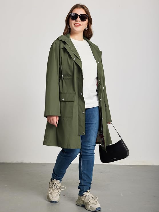 Kikibell Plus Size Rain Jackets for Women Raincoats Waterproof Windbreaker Jacket Hooded Outdoors Trench Coat with Pockets