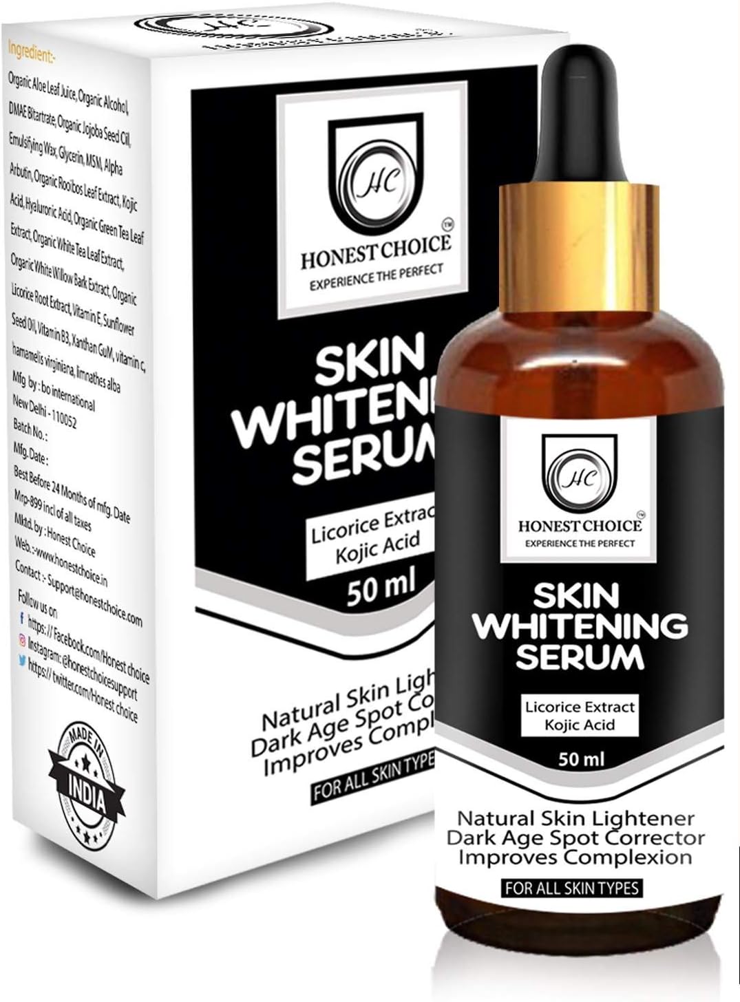 Skin Lightening Whitening Brightening and Intimate Serum with Kojic Acid for Body, Face, Neck, Bikini, Sensitive Areas and All Skin Types Dark Spot Corrected (50 ml)