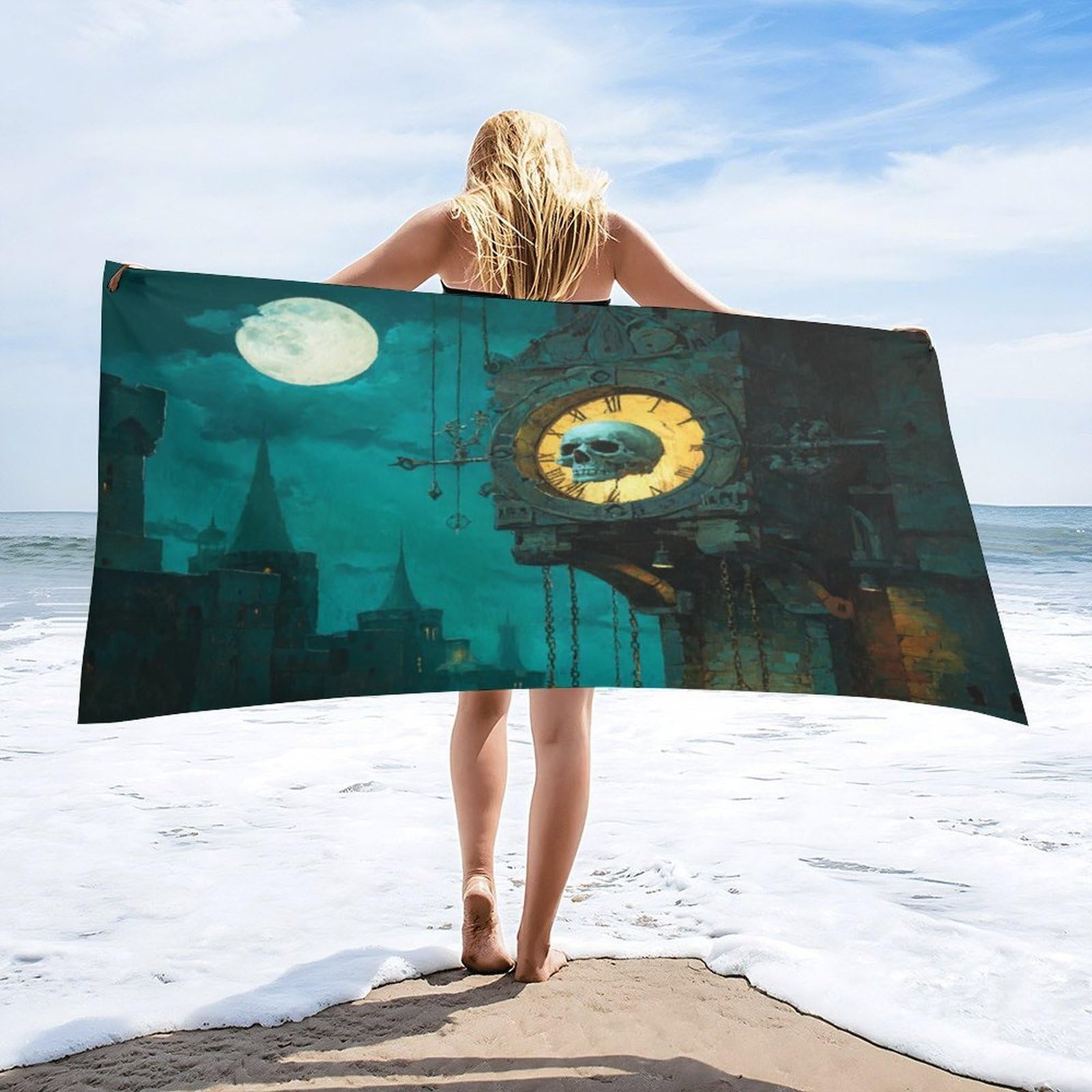 Luyysky Fantasy Abstract Skull Clock Quick-Drying Beach Towel, Mid Century Classic Full Moon Gothic Castle Skeleton Skull Travel Vacation Single Sided Pile Bathroom Towels-80 W Cm X 160" L Cm