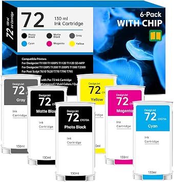 72 Ink Cartridge 130ml with New Chip Replacement for HP 72 Ink Cartridges C9403A C9370A C9371A C9372A C9373A C9374A for DesignJet T770 T790 T795 T610 T620 T1100 T1120 T1200 Printers, 6 Pack 72 Ink