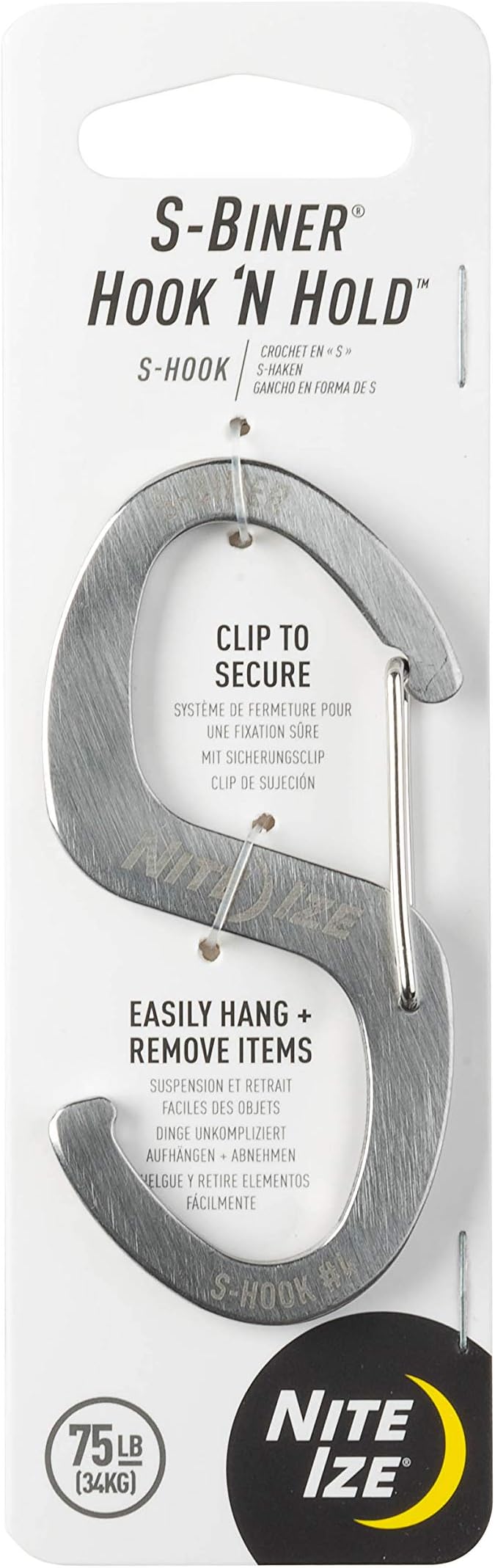 Nite IZE S-Biner Hook 'N Hold S-Hook, Stainless Steel S-Hook with Clip, Holds Pans, Tools and Plants, Stainless
